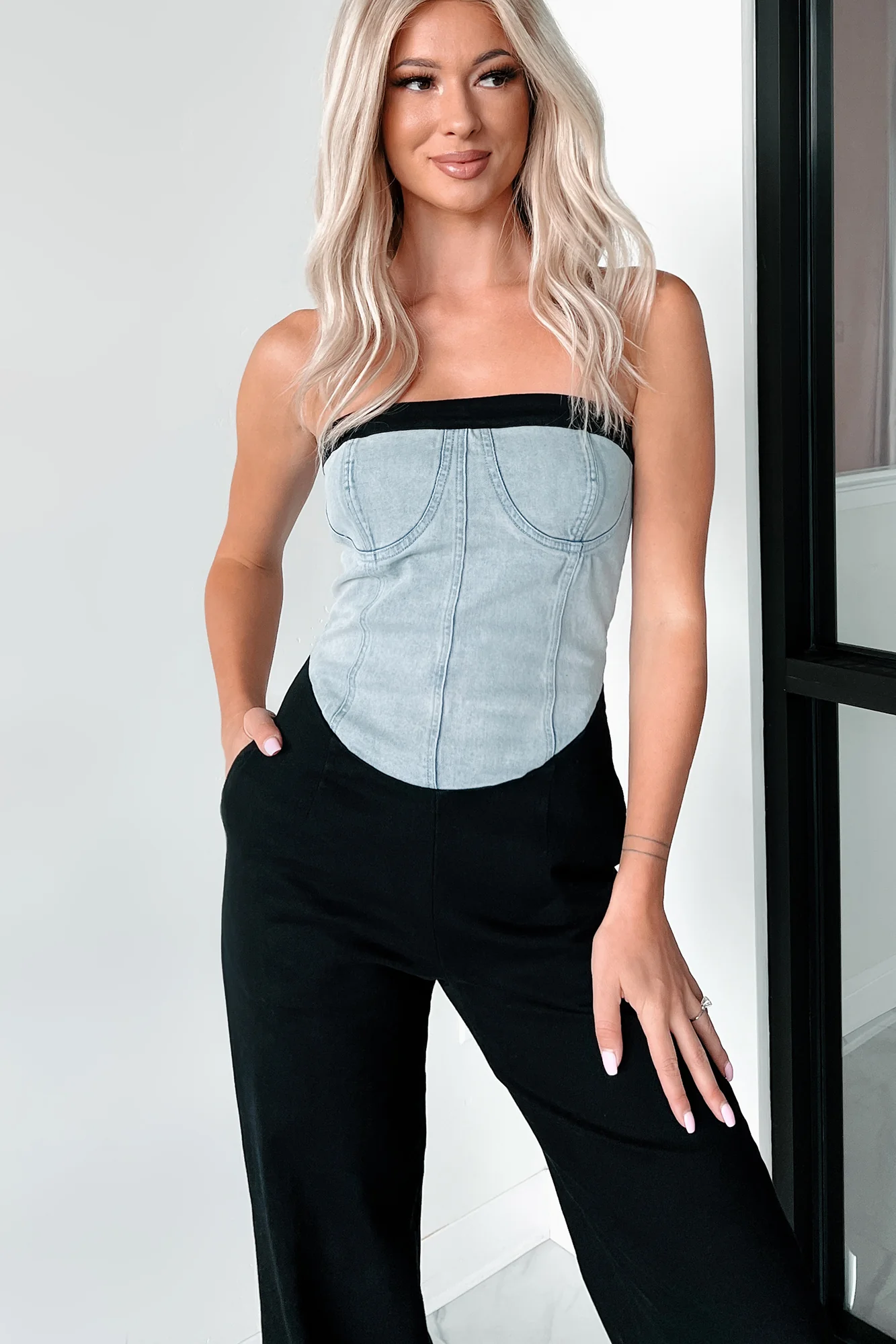 DOORBUSTER Blocking The Haters Denim Contrast Jumpsuit (Black/Denim) - Image 4