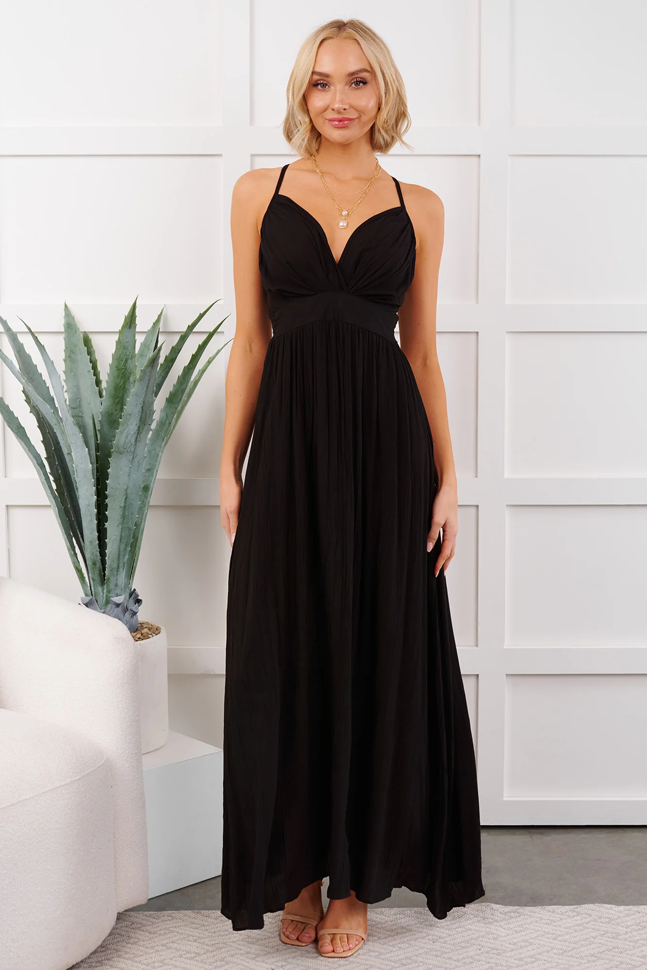 Bloom Baby Sleeveless V Neck Maxi Dress (Black) - Image 2