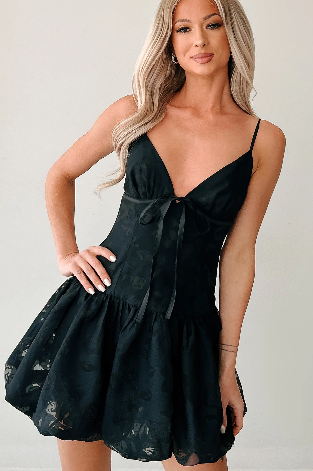 Bloom Brightly Floral Bubble Hem Mini Dress (Black) - Image 3