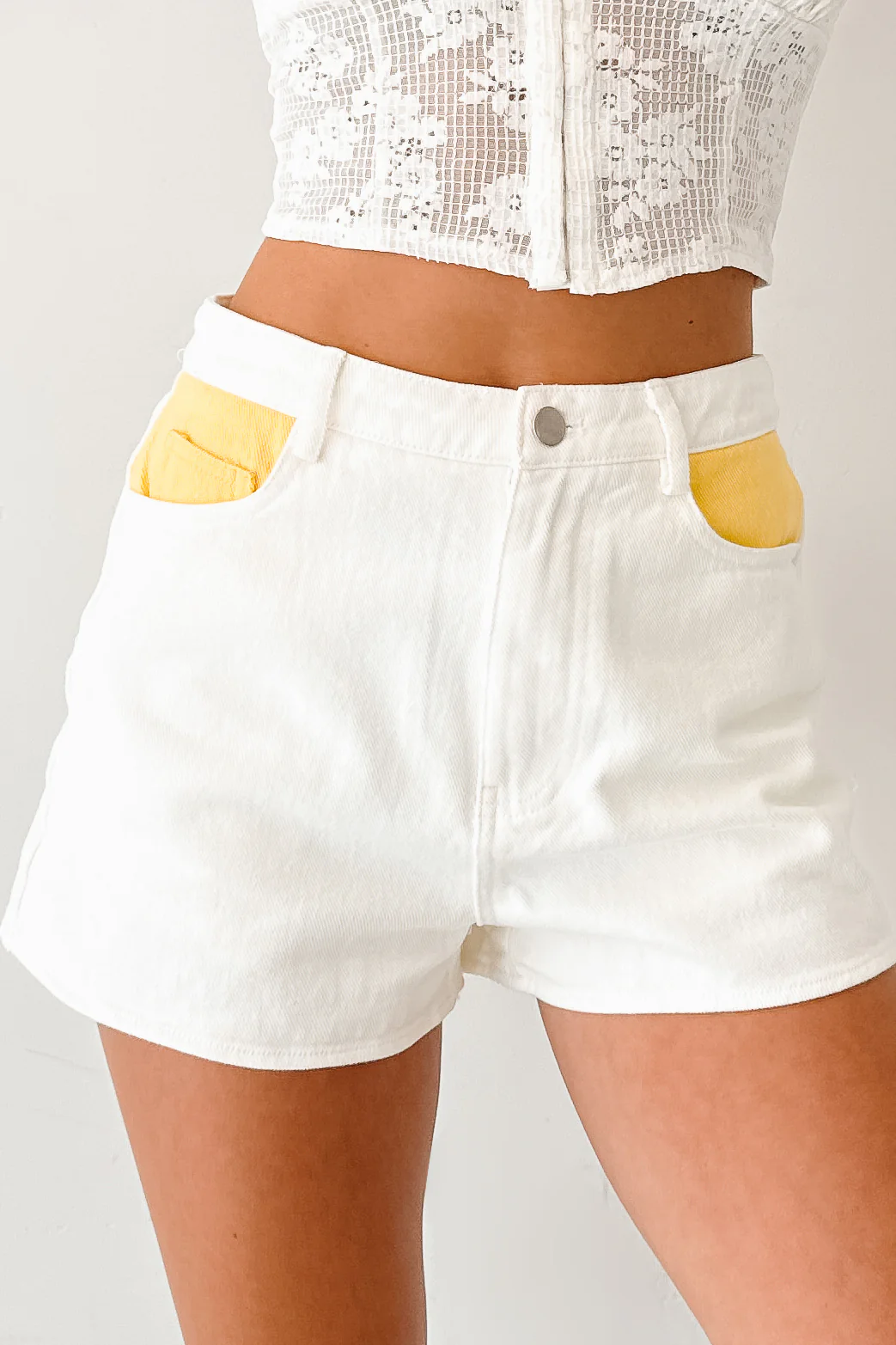 Blooming Anyway Contrast Denim Shorts (Off White/Yellow) - Image 5