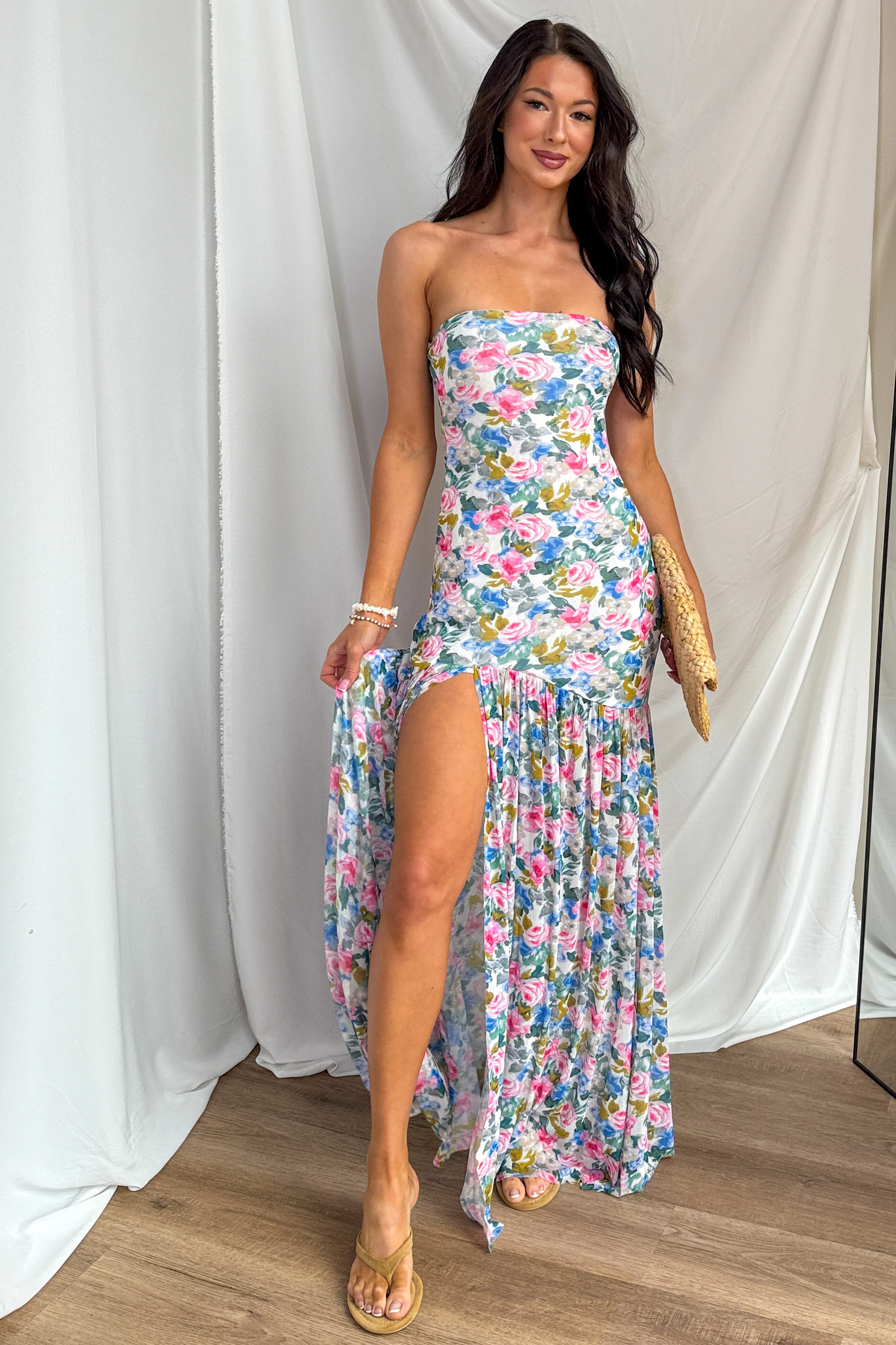 Blush & Breeze Floral Front Slit Mesh Maxi Dress (Cream) - Image 5