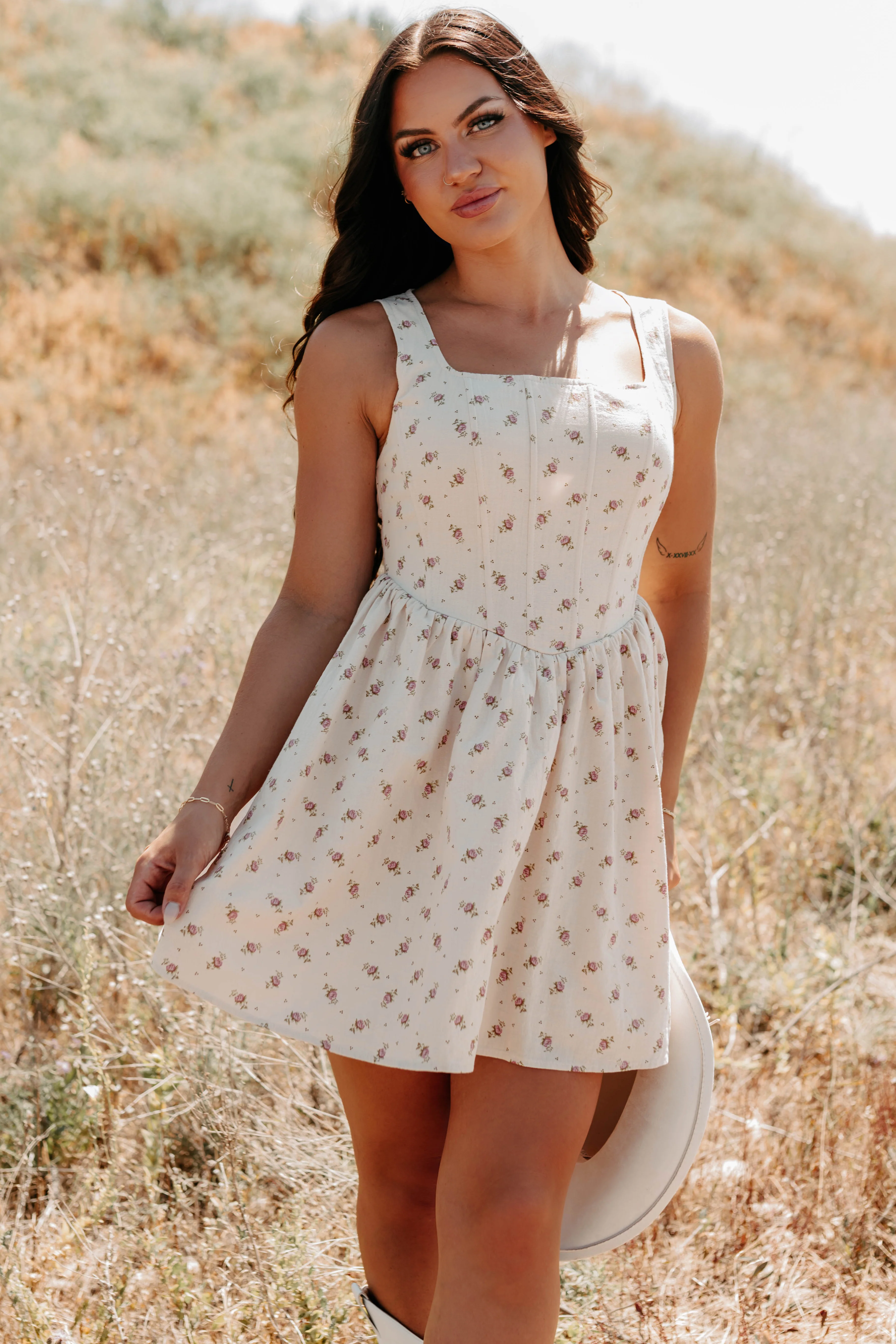 Blush Tells All Square Neck Floral Mini Dress (Natural) - Image 2