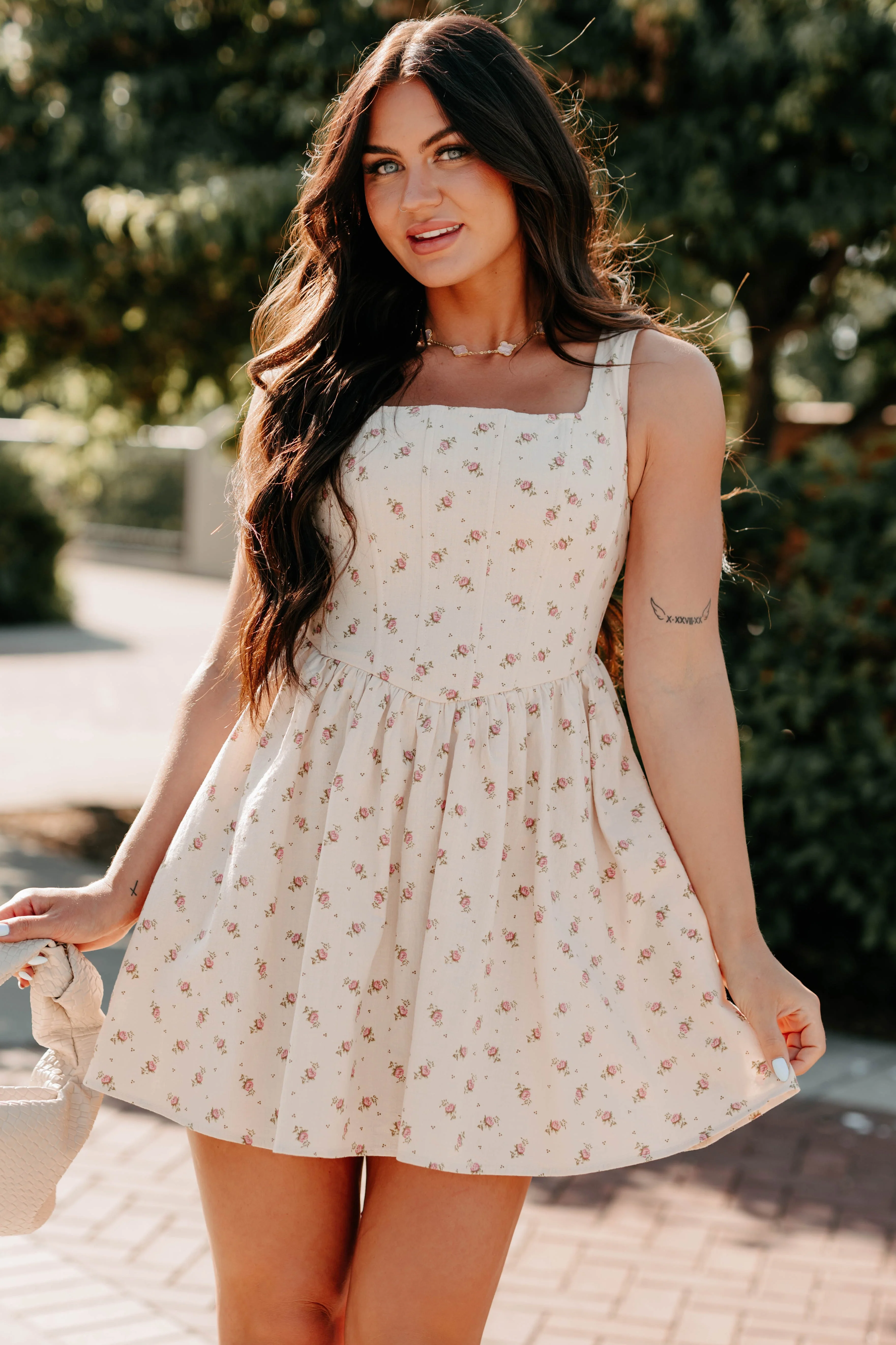 Blush Tells All Square Neck Floral Mini Dress (Natural) - Image 3