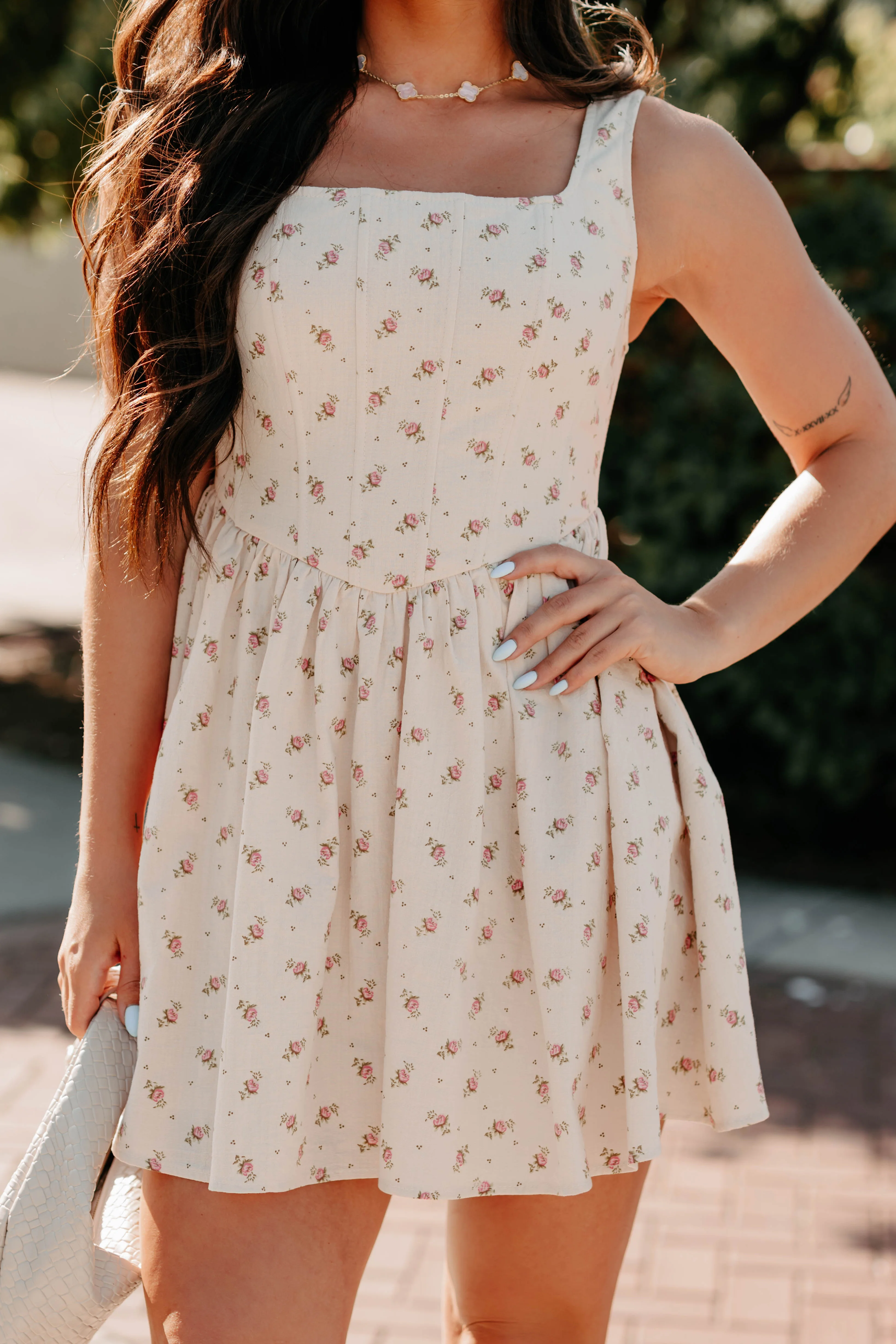 Blush Tells All Square Neck Floral Mini Dress (Natural) - Image 5