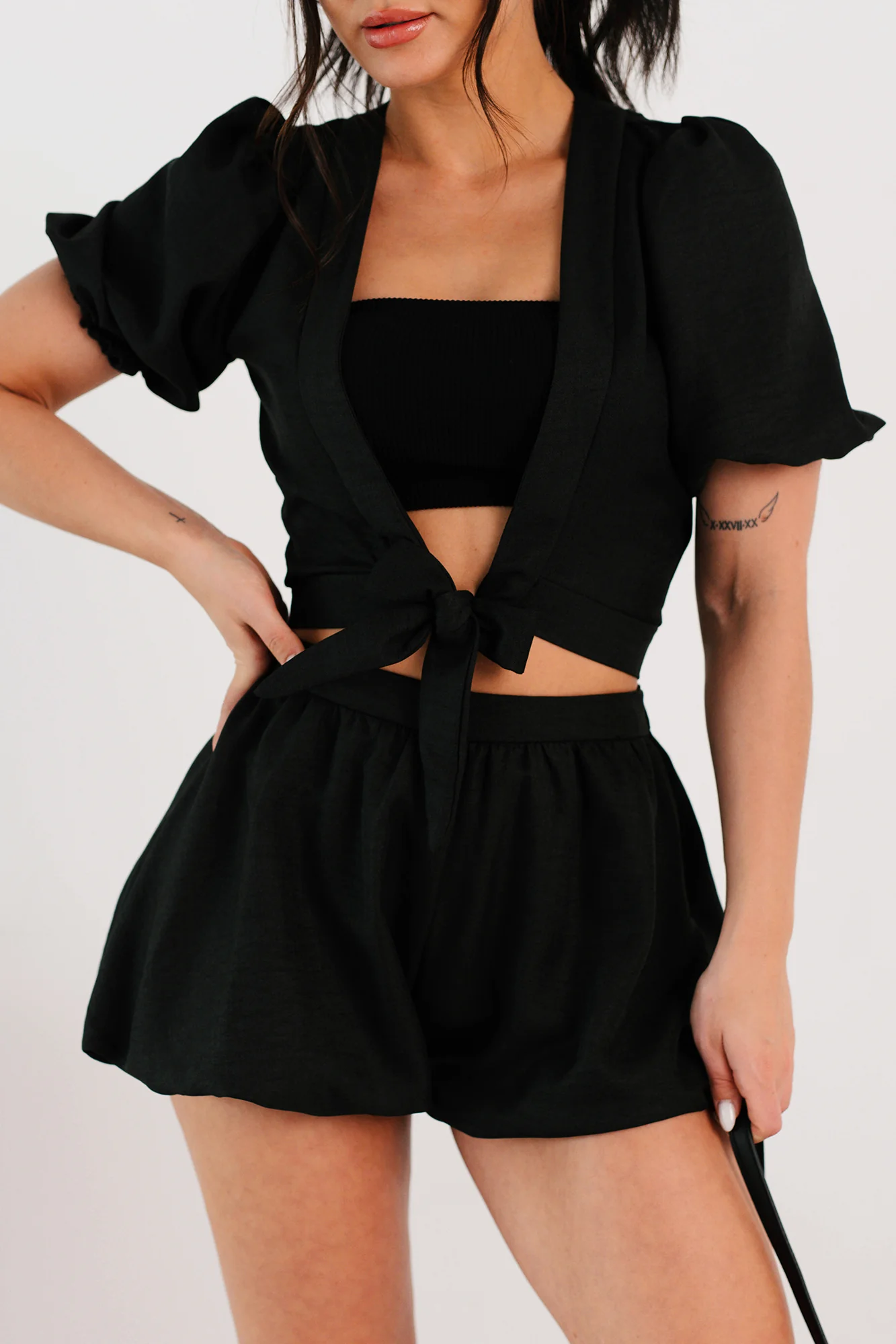 Blush & Whisper Tie Top & Bubble Shorts Set (Black) - Image 3
