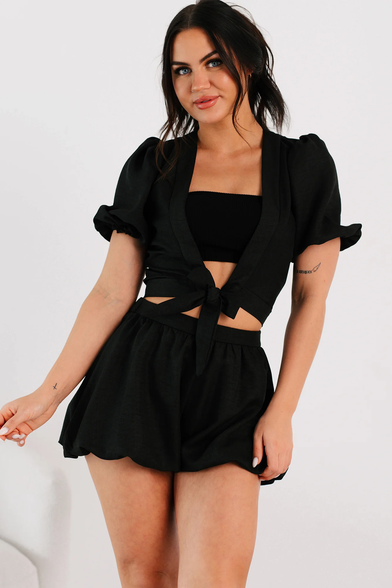 Blush & Whisper Tie Top & Bubble Shorts Set (Black) - Image 4