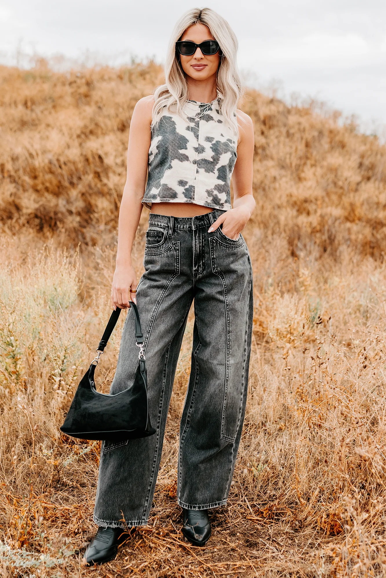 Blushin’ Boots Sleeveless Denim Cow Print Top (Brown) - Image 3