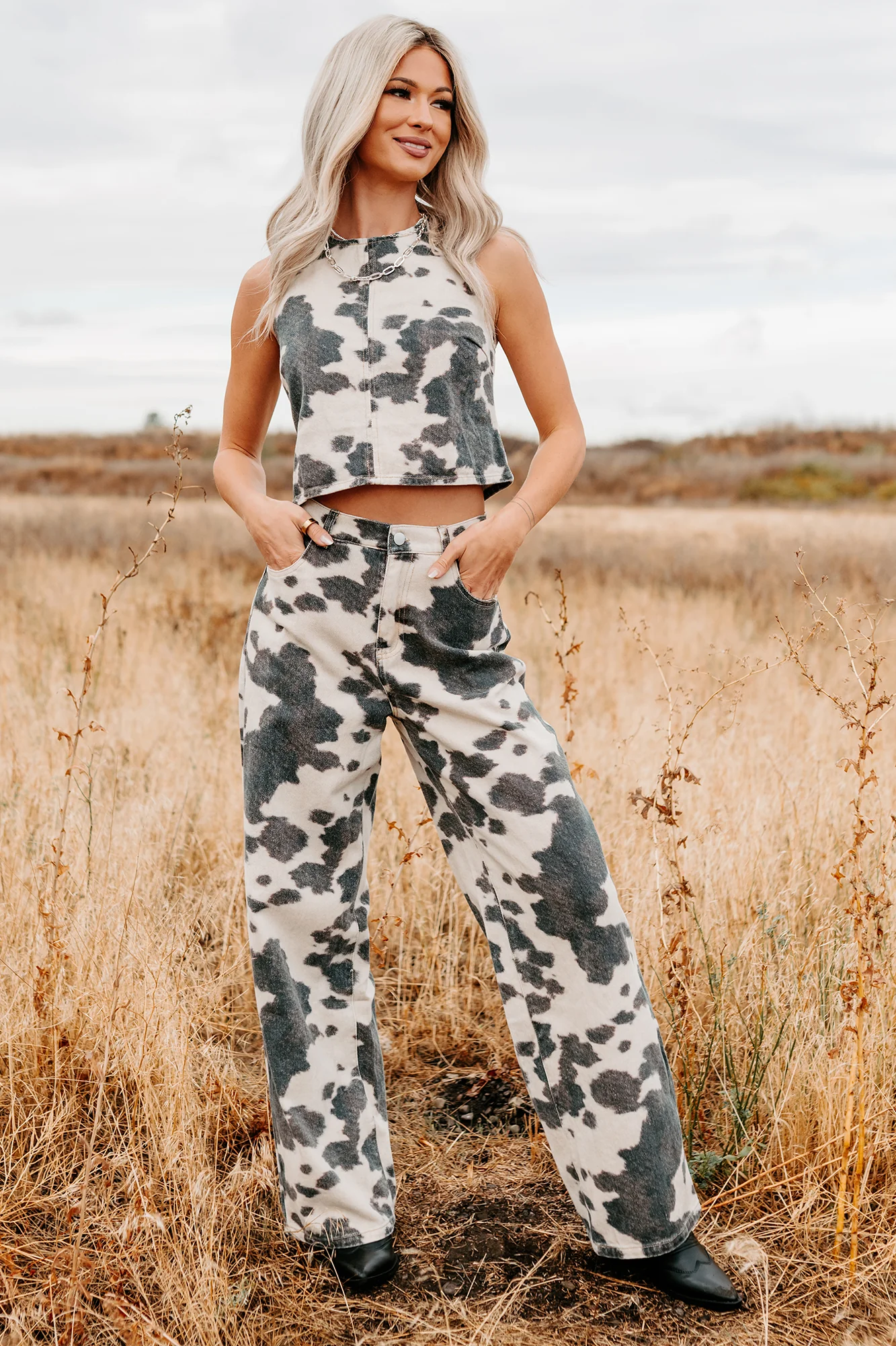 Blushin’ Boots Sleeveless Denim Cow Print Top (Brown) - Image 5