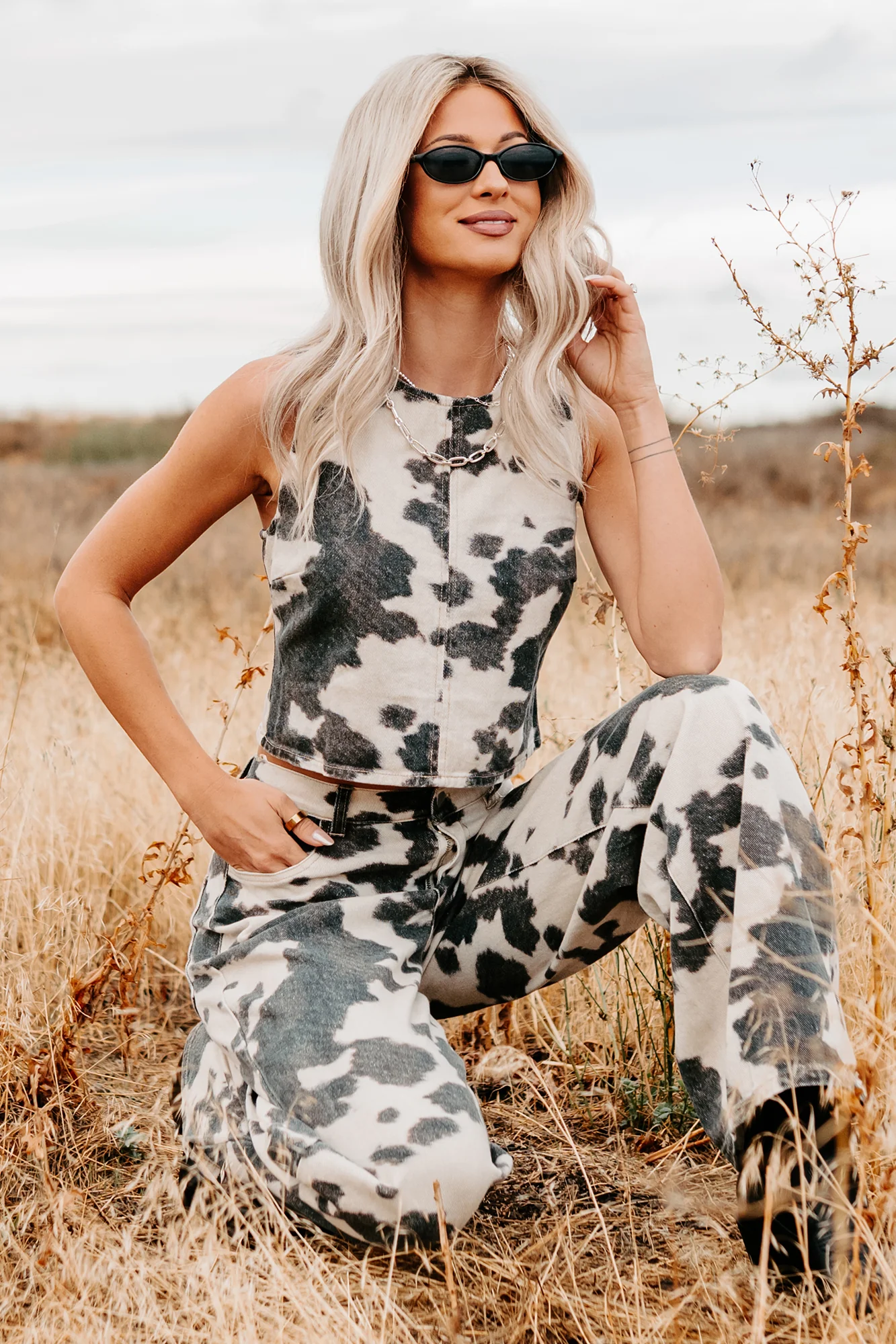 Blushin’ Boots Sleeveless Denim Cow Print Top (Brown) - Image 7
