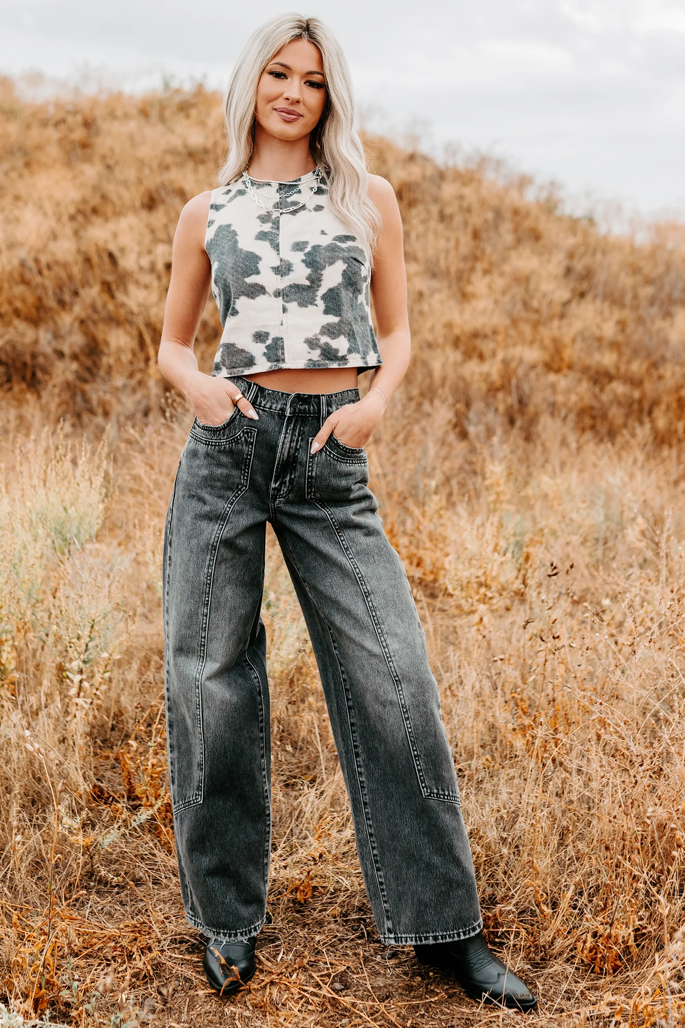 Blushin’ Boots Sleeveless Denim Cow Print Top (Brown) - Image 8