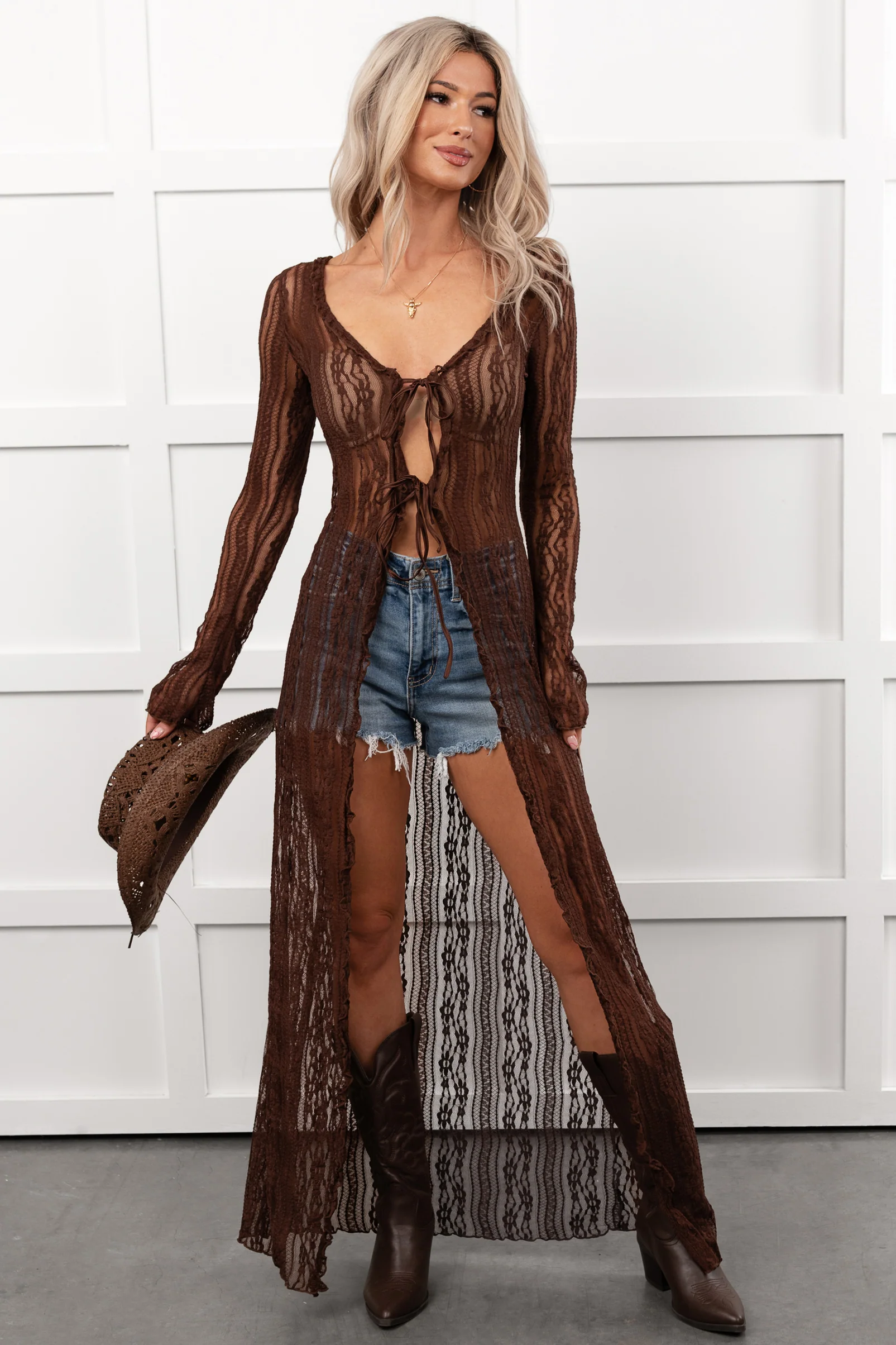 Boho Chic Behavior Lace Duster Cardigan (Brown) - Image 4