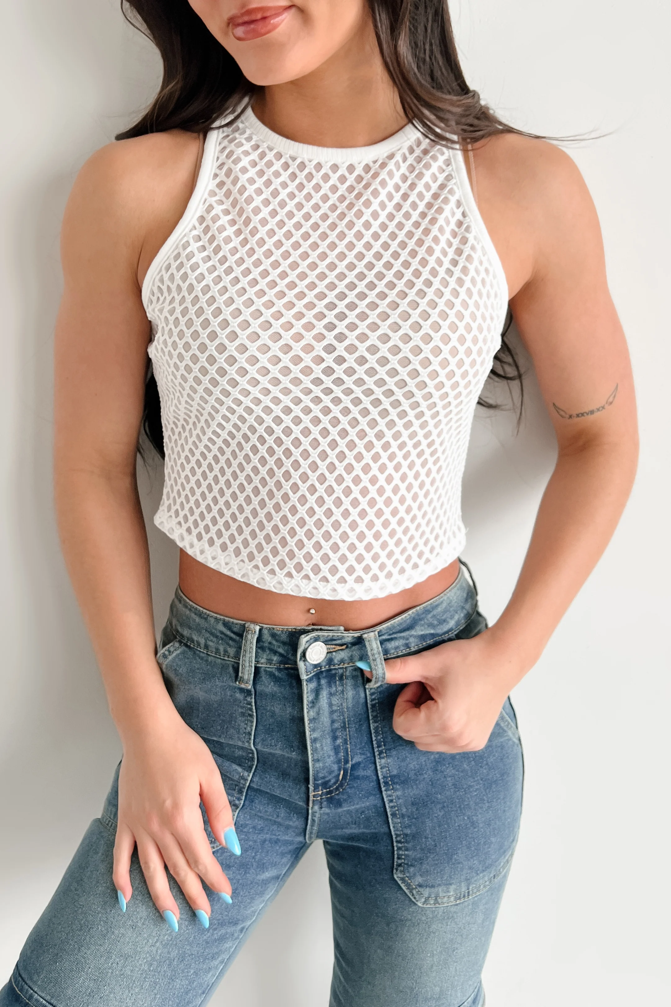 Boho Dreaming Lattice Mesh Crop Tank (White) - Image 10
