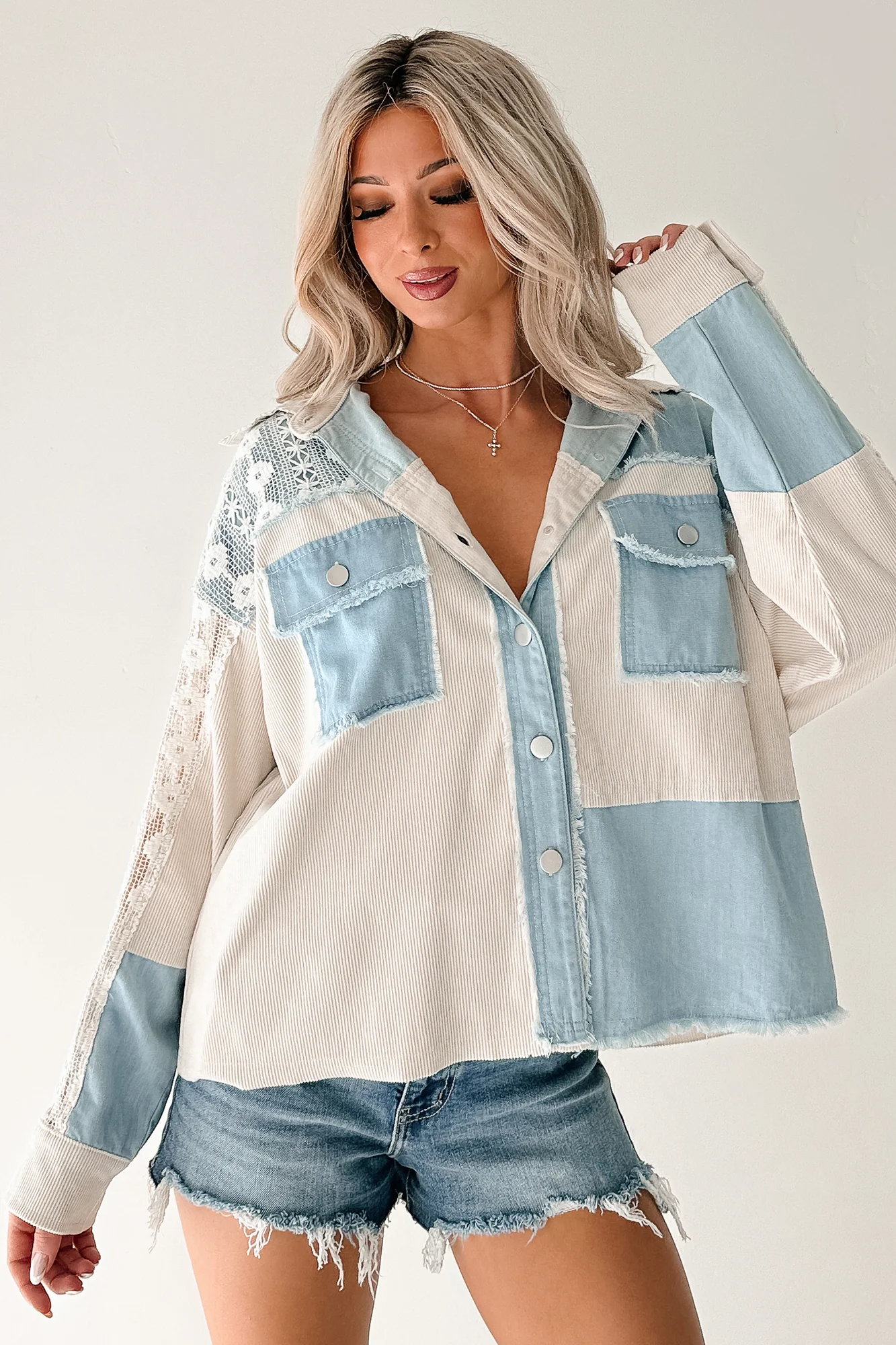 Bold Agenda Denim Corduroy Mix Shacket (Light Blue) - Image 2