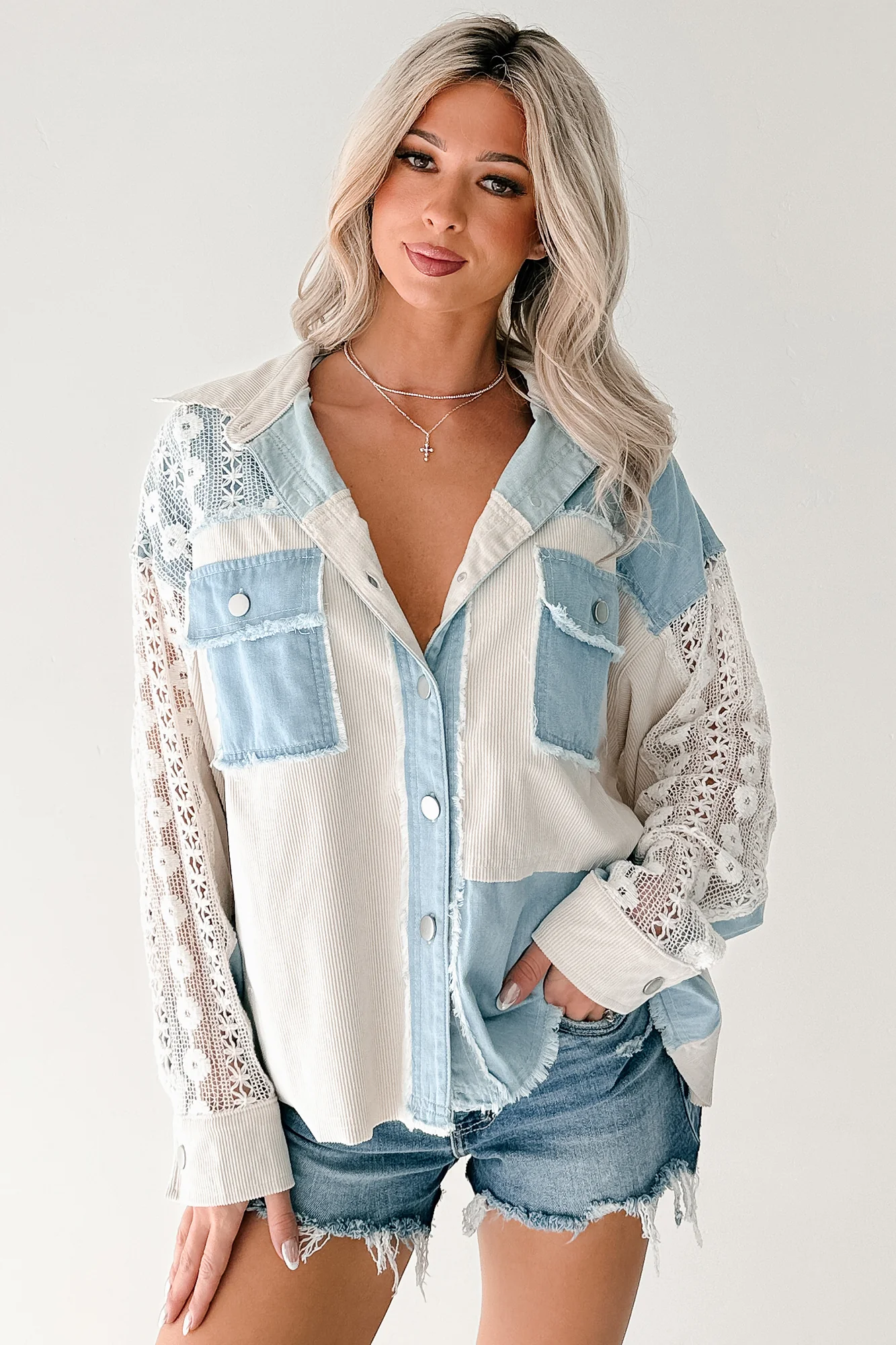 Bold Agenda Denim Corduroy Mix Shacket (Light Blue) - Image 4