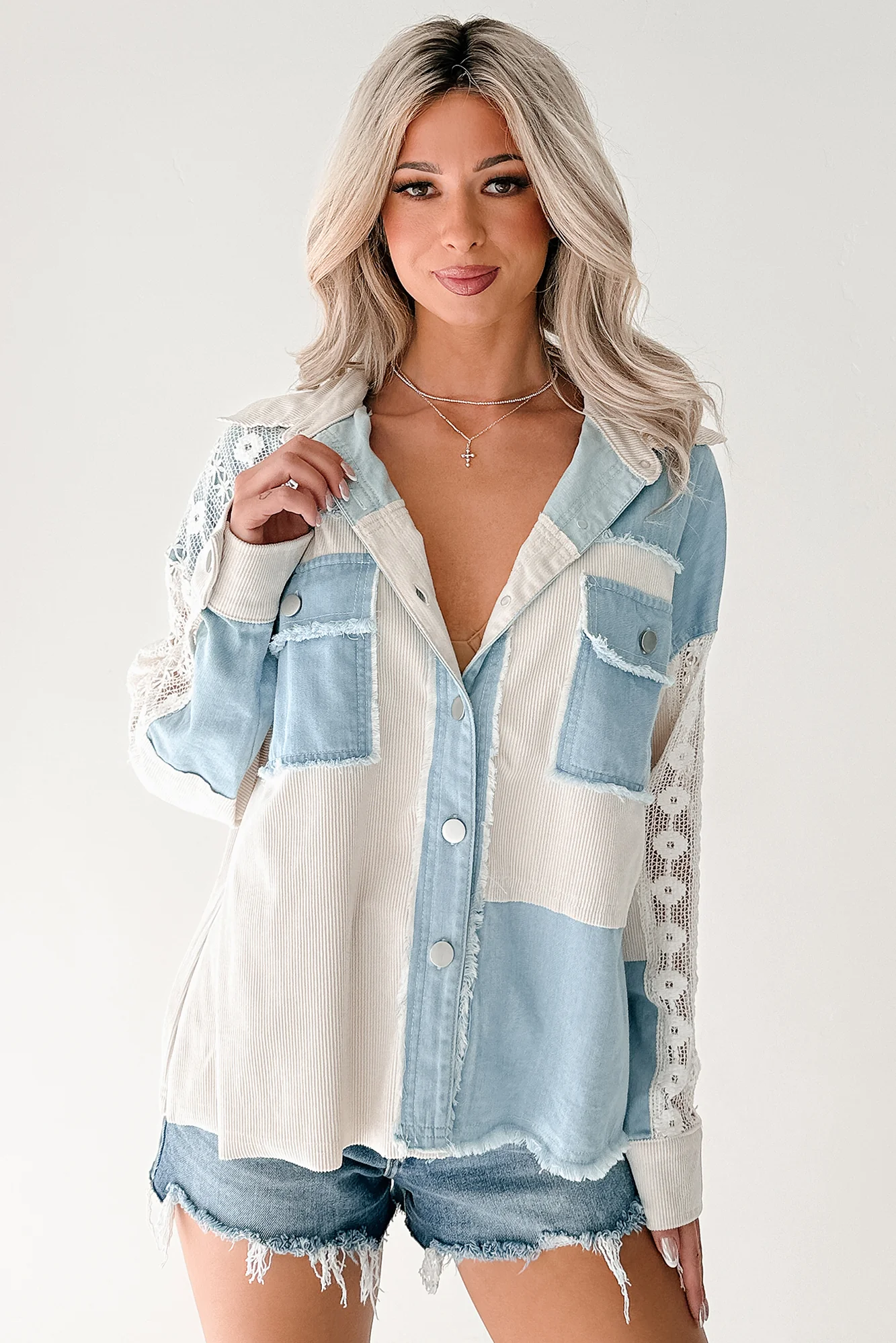 Bold Agenda Denim Corduroy Mix Shacket (Light Blue) - Image 6