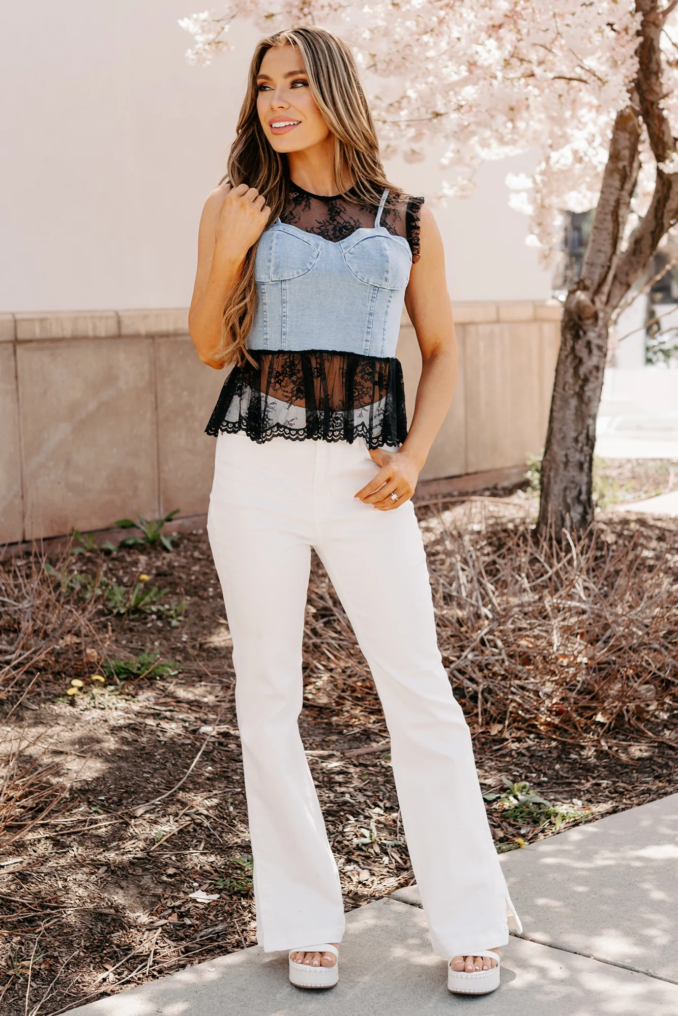 Bold & Flirty Corset Overlay Lace Top (Denim/Black) - Image 10