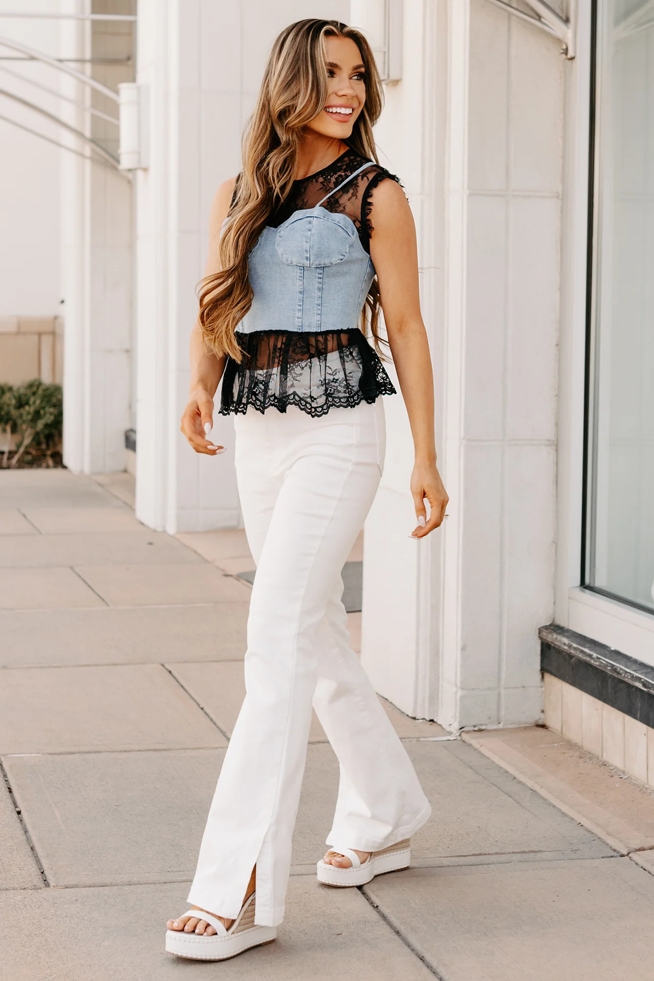 Bold & Flirty Corset Overlay Lace Top (Denim/Black) - Image 3