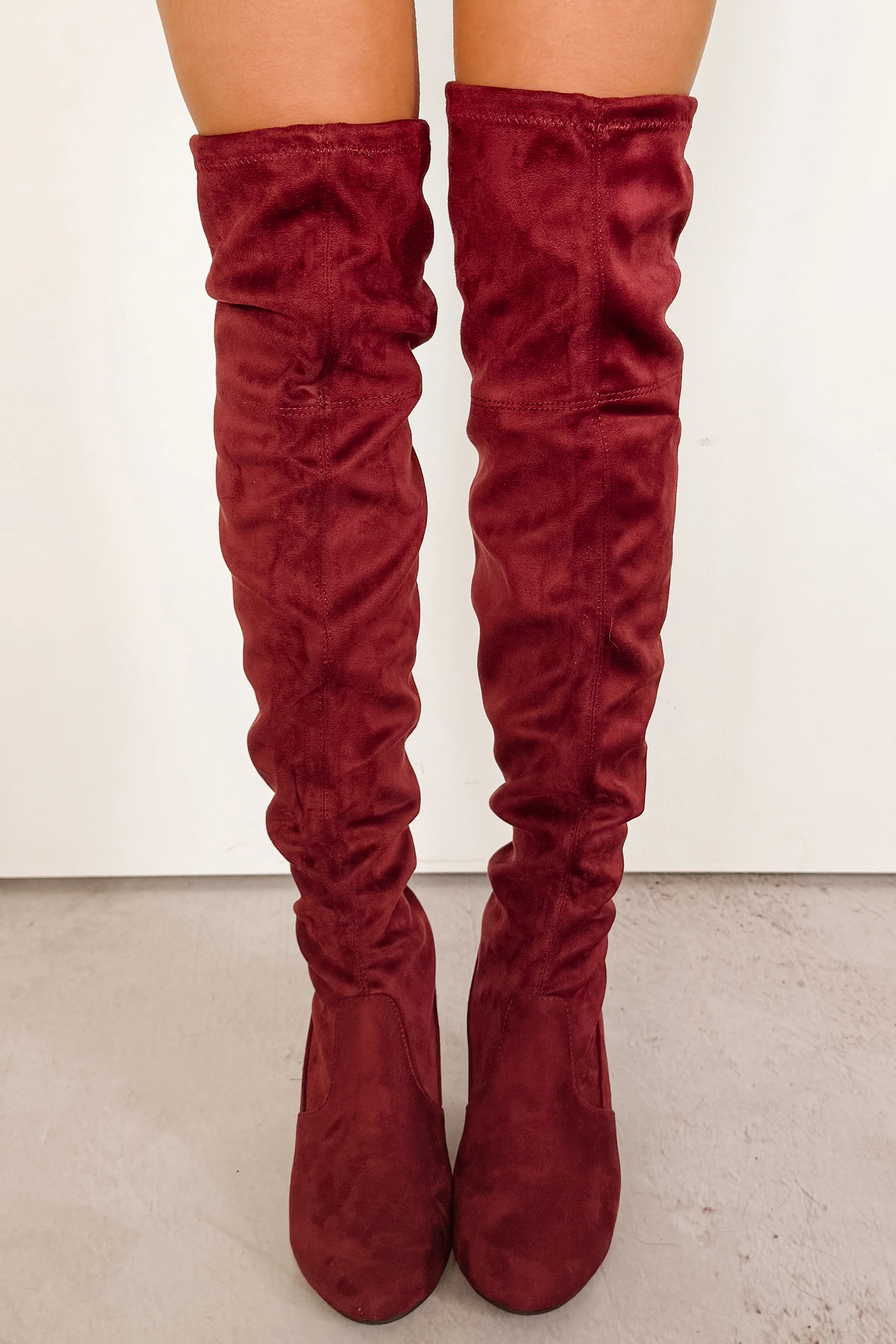 Bold Horizon Thigh High Faux Suede Boots (Burgundy) - Image 2