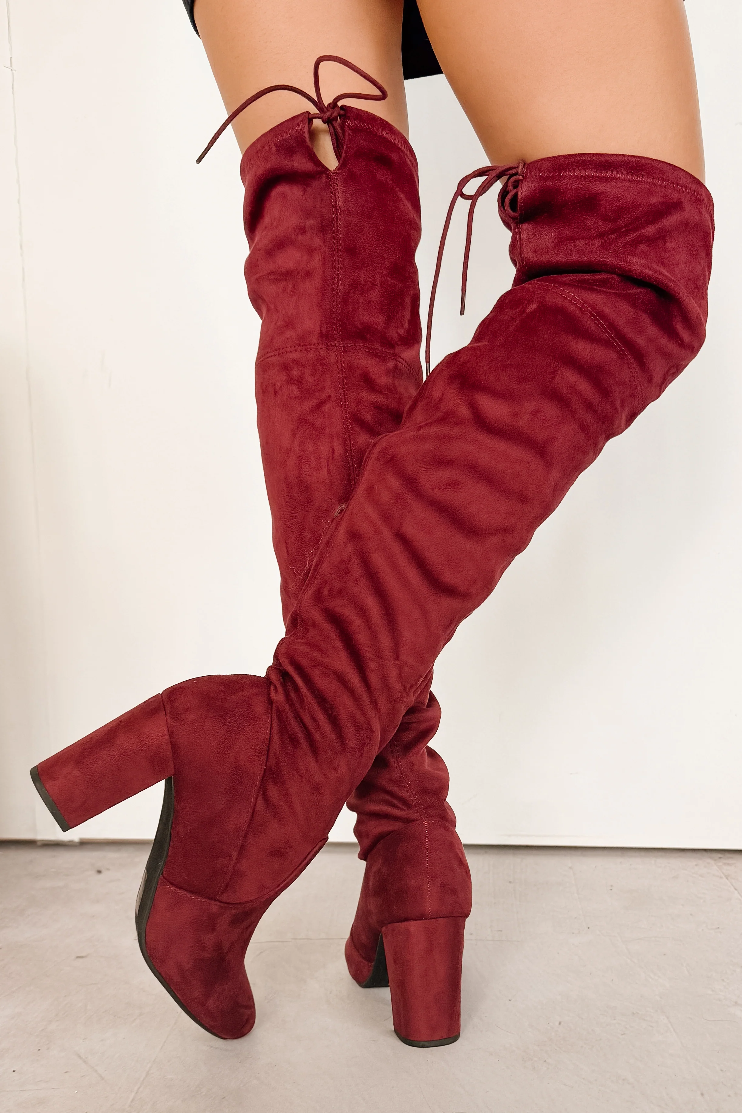 Bold Horizon Thigh High Faux Suede Boots (Burgundy) - Image 3
