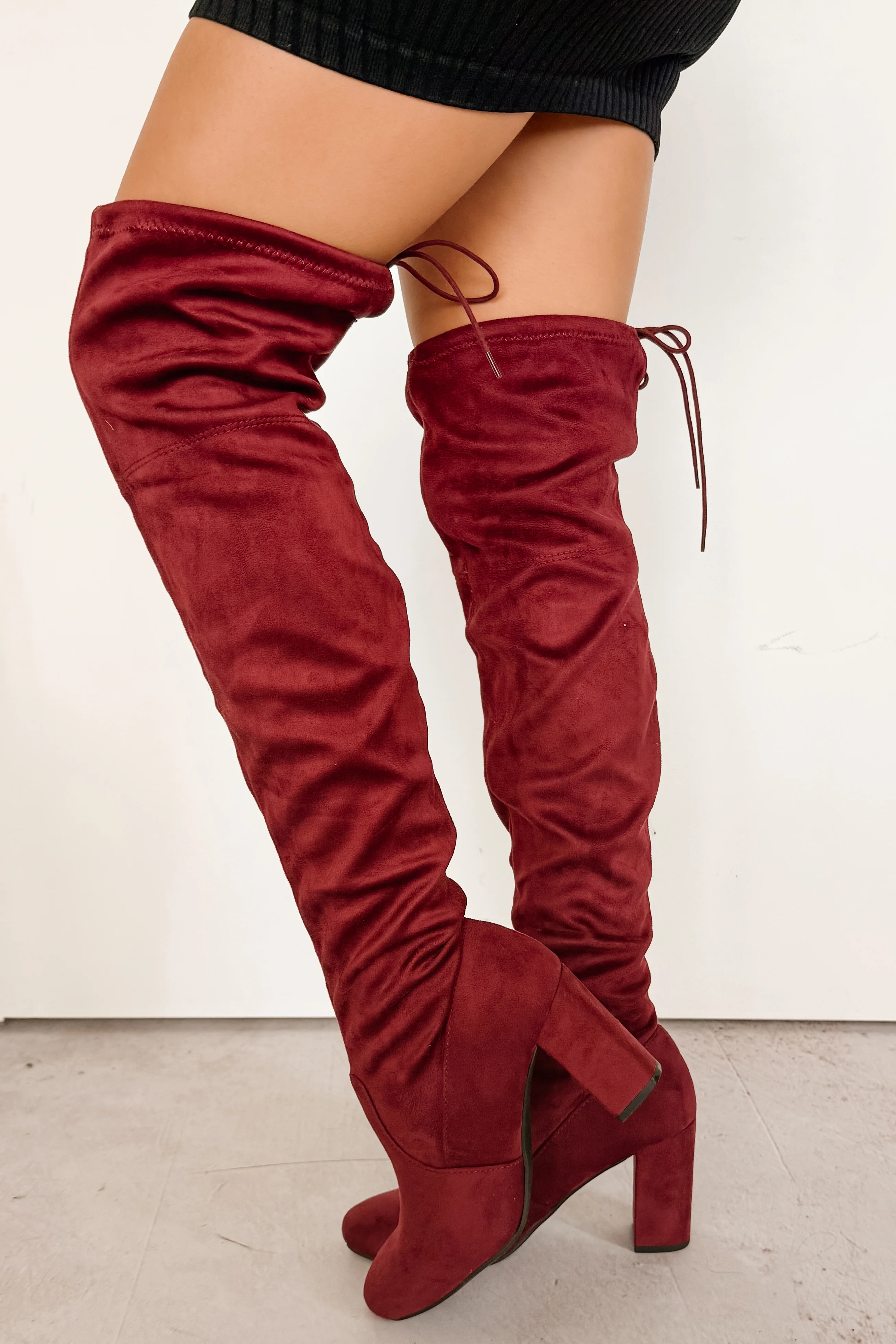 Bold Horizon Thigh High Faux Suede Boots (Burgundy) - Image 4