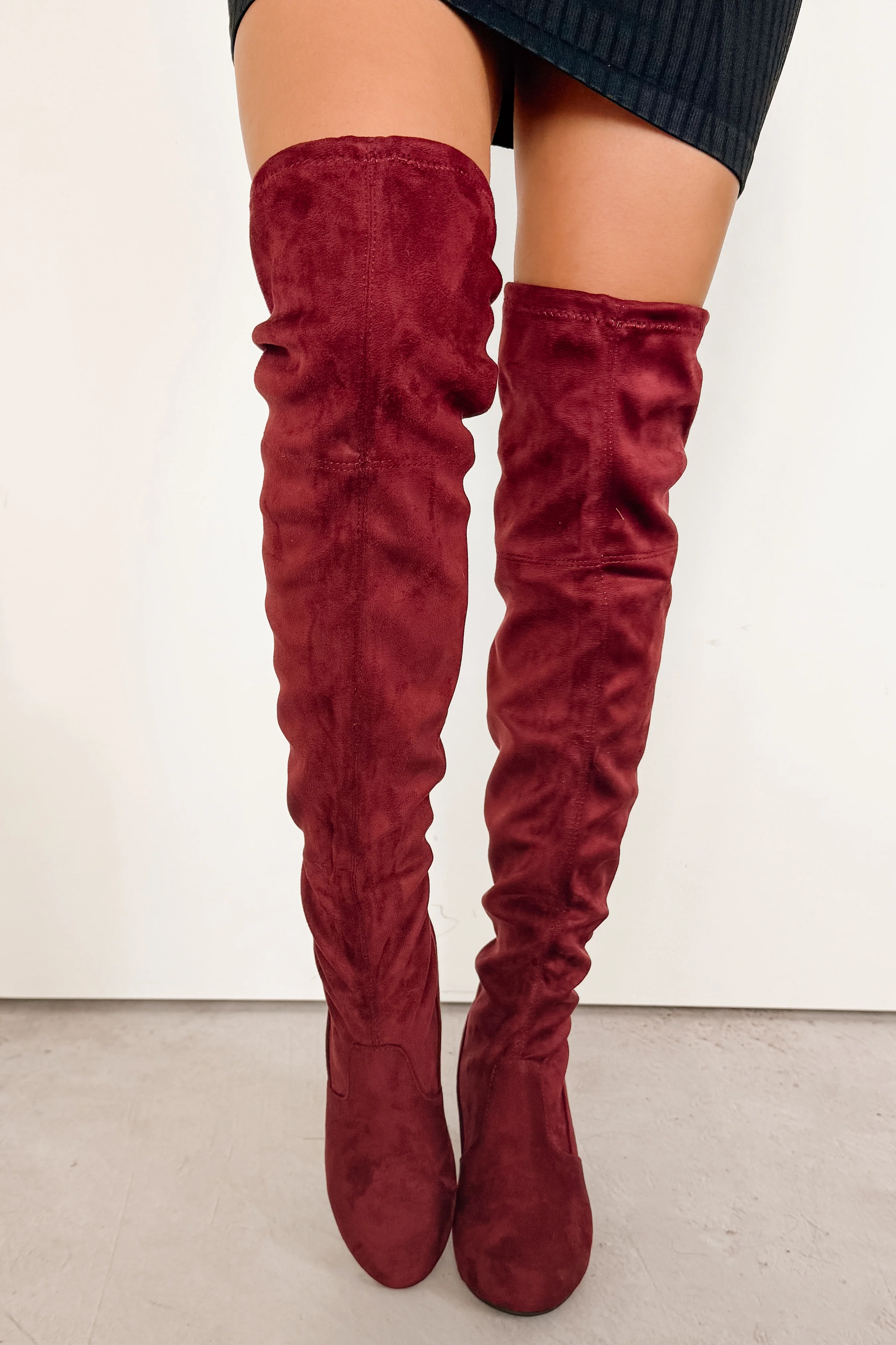 Bold Horizon Thigh High Faux Suede Boots (Burgundy) - Image 5