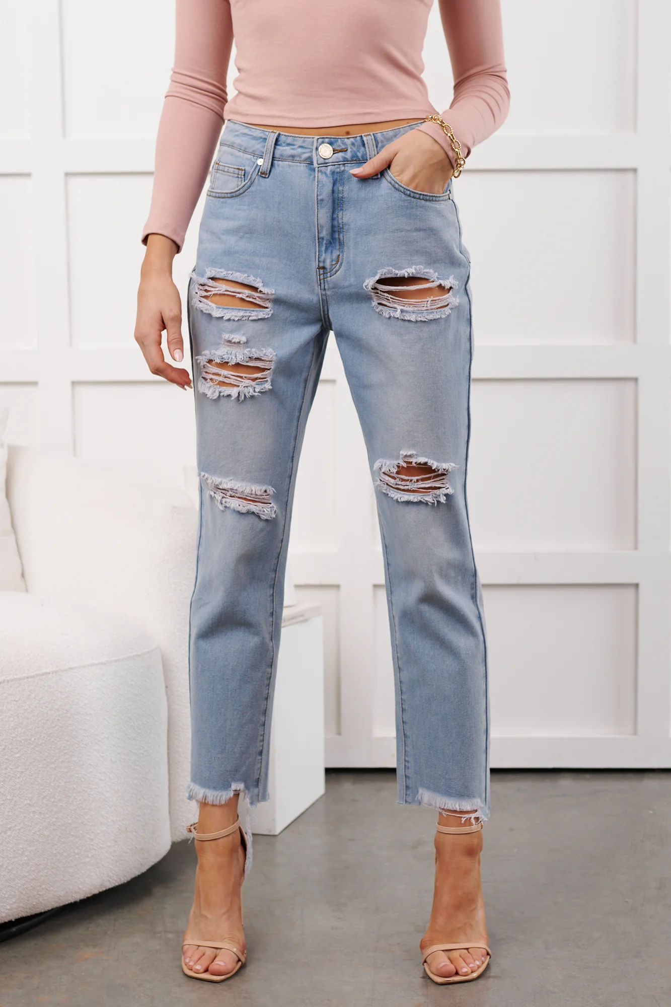 Boone High Rise Distressed Mom Jeans (Light Denim) - Image 9