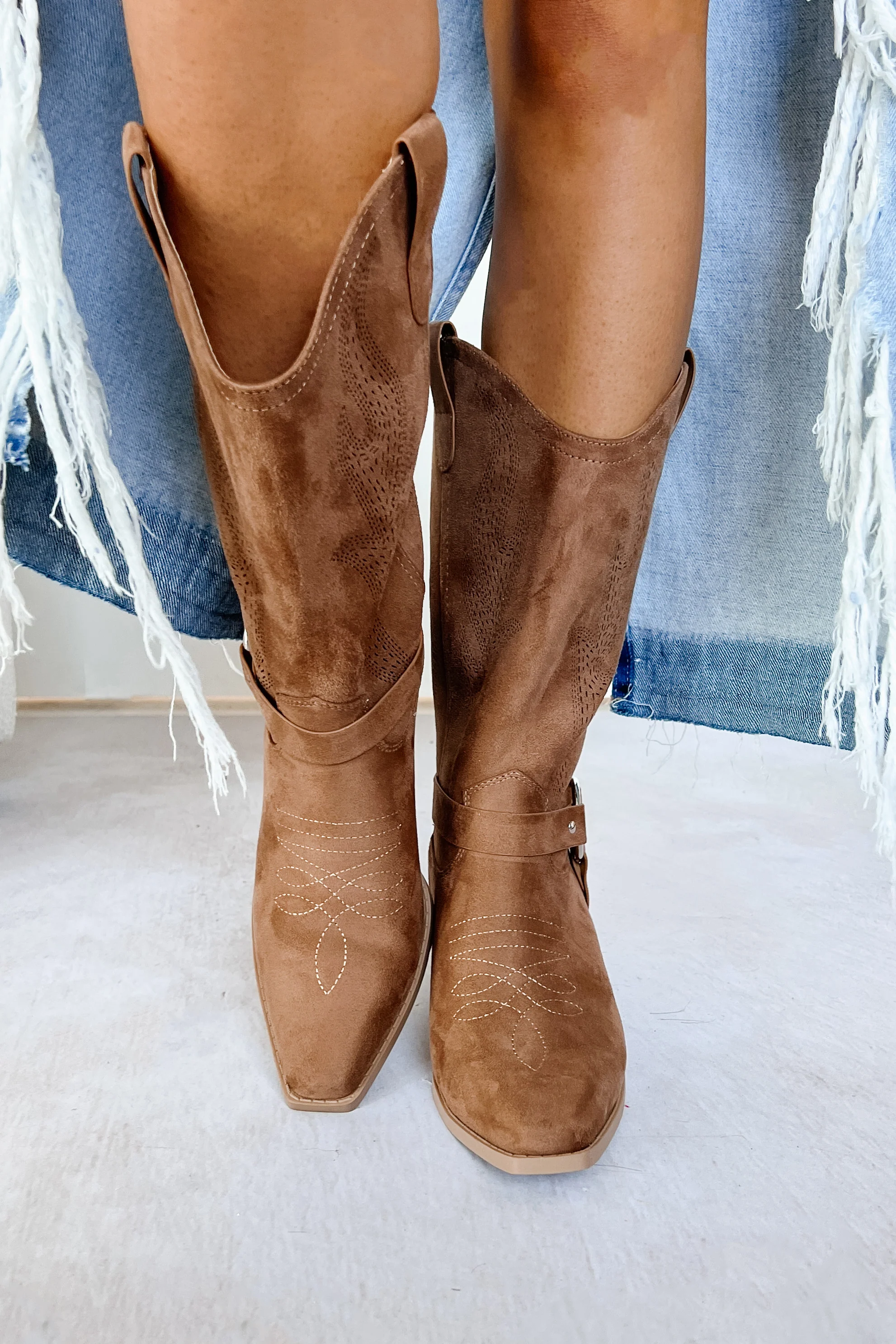 Boots Made For Walkin' Embroidered Suede Boots (Tan) - Image 4