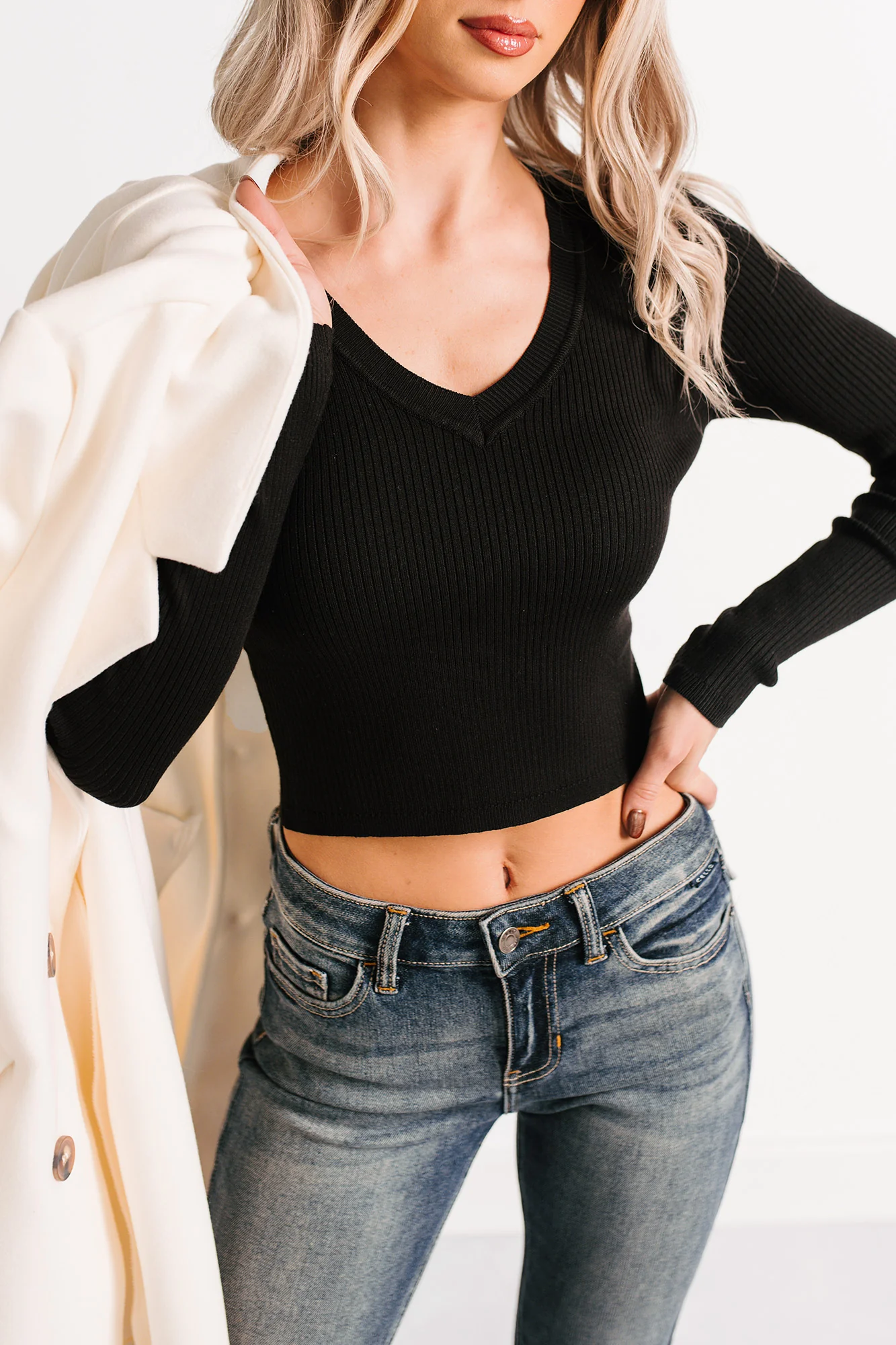 Born Sweet V Neck Ribbed Knit Top (Black) - Image 7