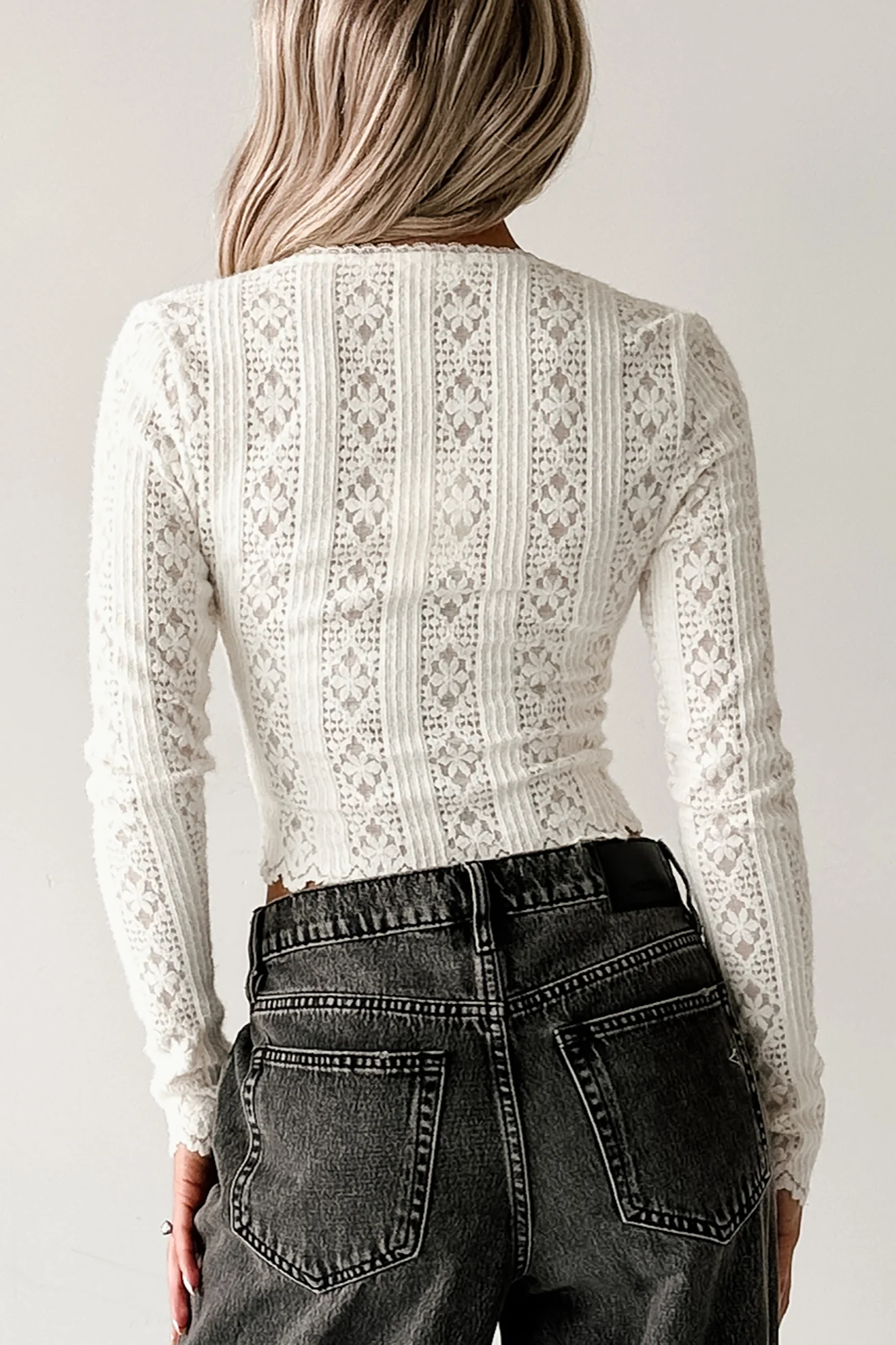 Born Untamed Long Sleeve V Neck Lace Top (White) - Image 5