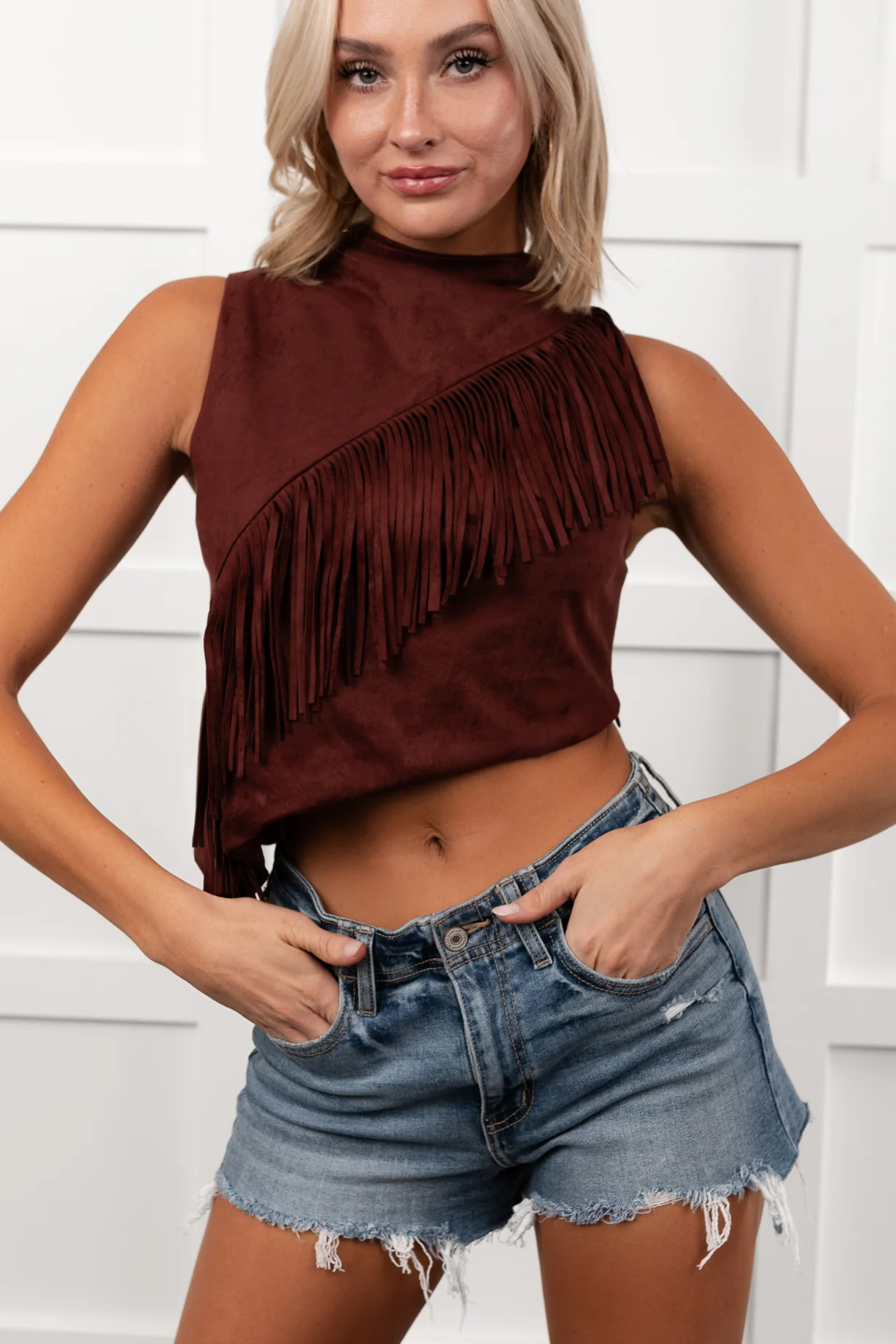 Boujee In Boots Sleeveless Fringe Detail Top (Rust) - Image 10