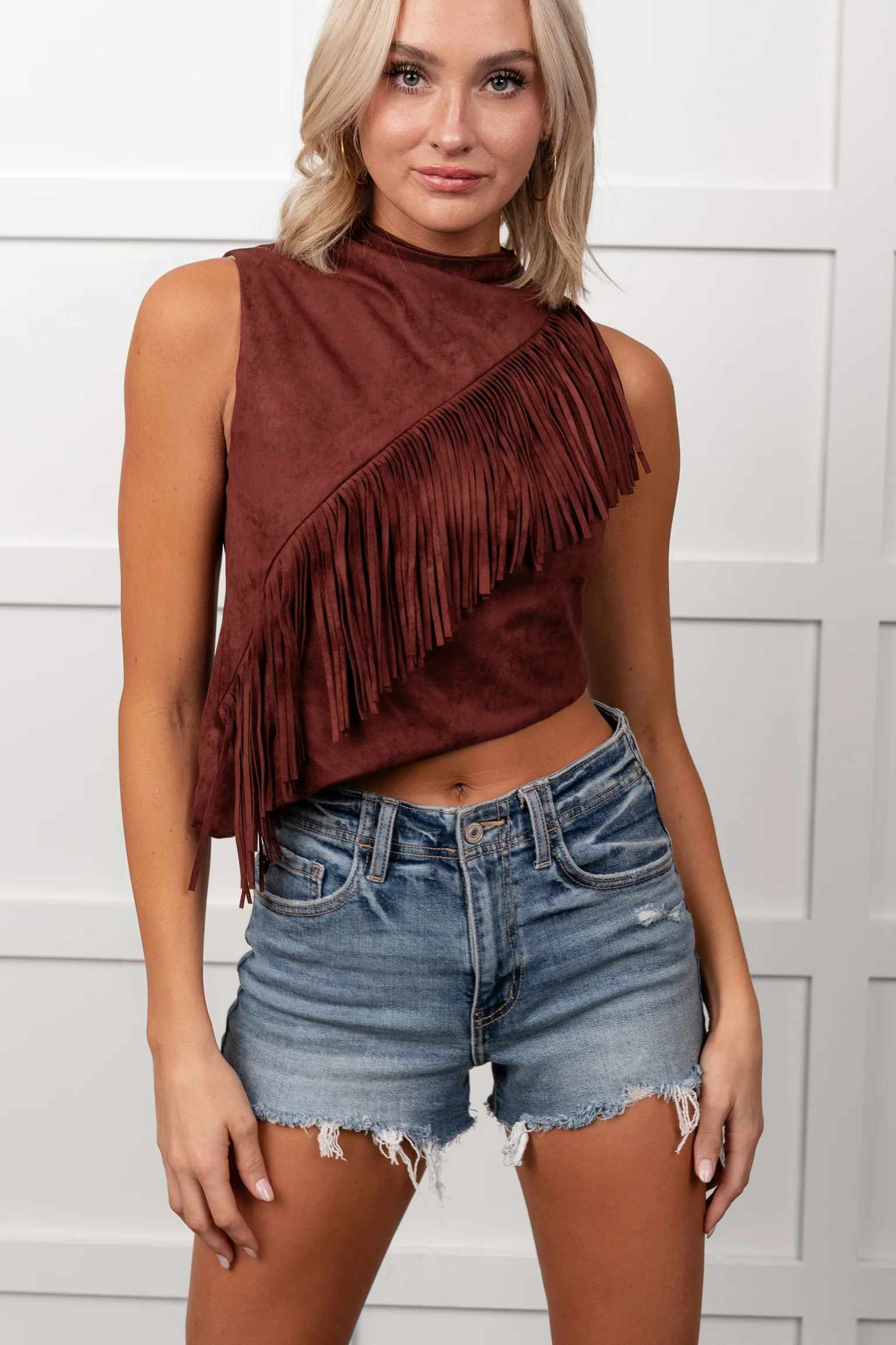 Boujee In Boots Sleeveless Fringe Detail Top (Rust) - Image 7
