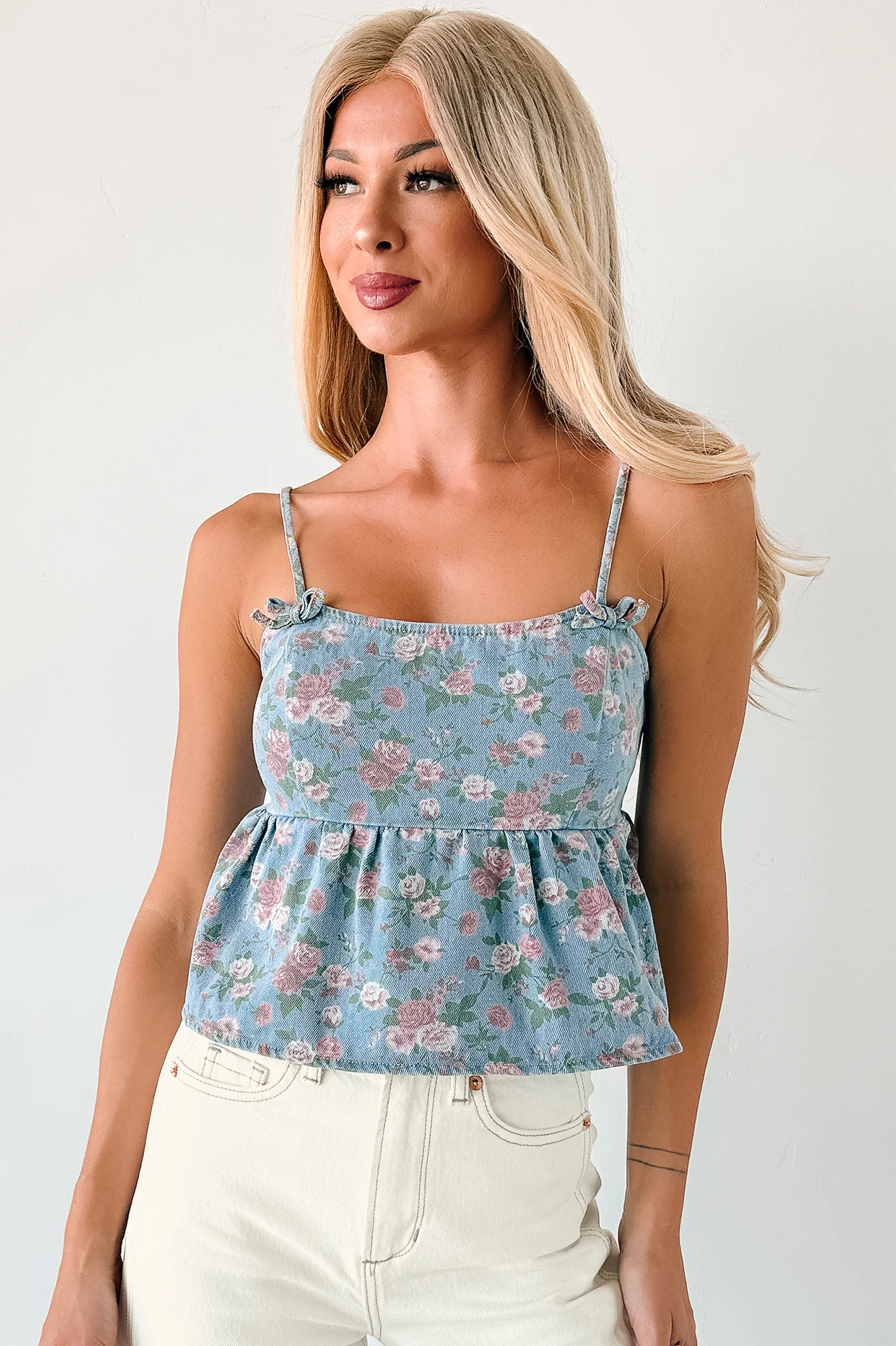 Bows Before Bros Sleeveless Floral Top (Denim/Pink) - Image 7