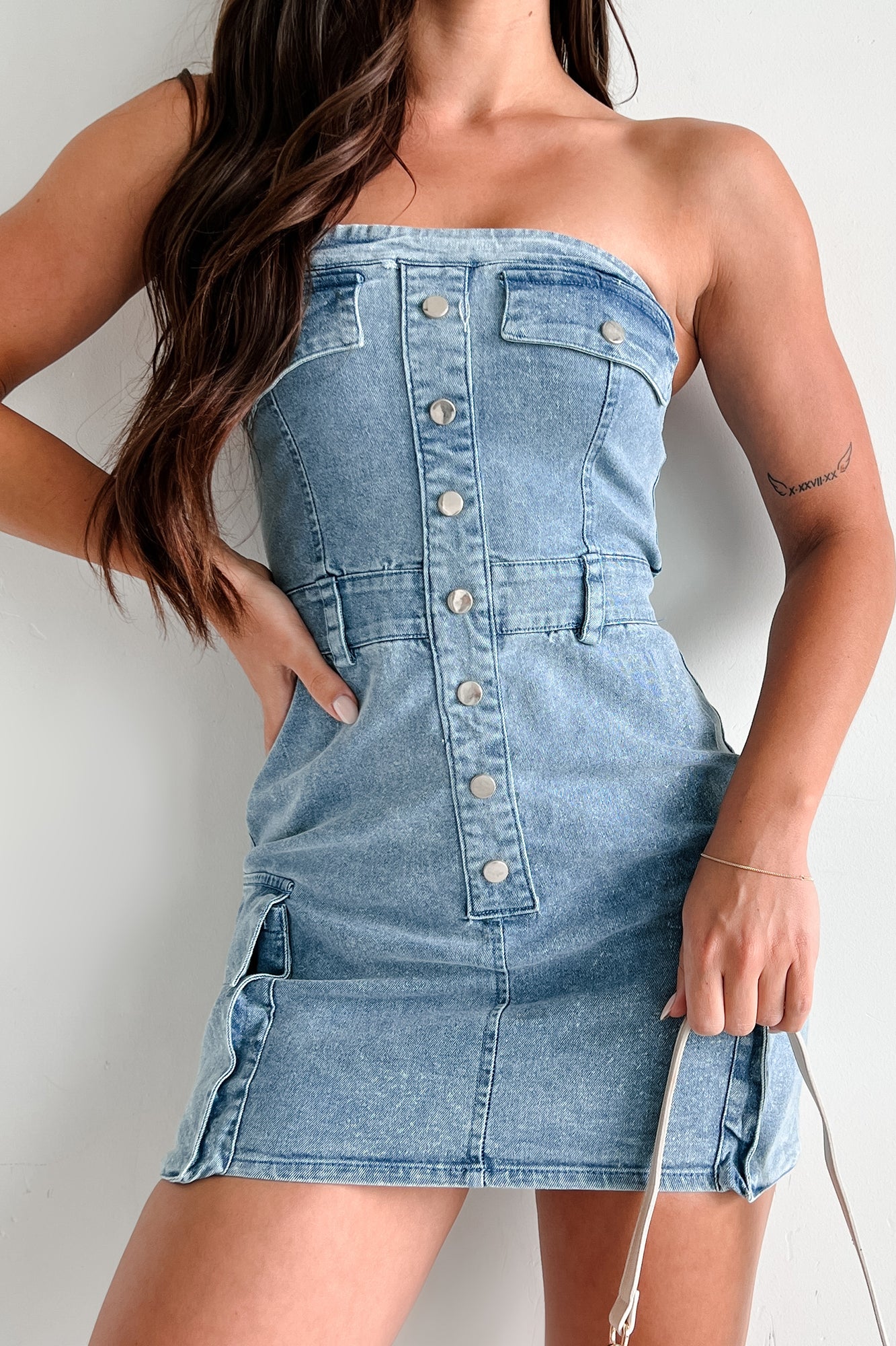 Brandy Strapless Cargo Denim Mini Dress (Light Denim) - Image 3