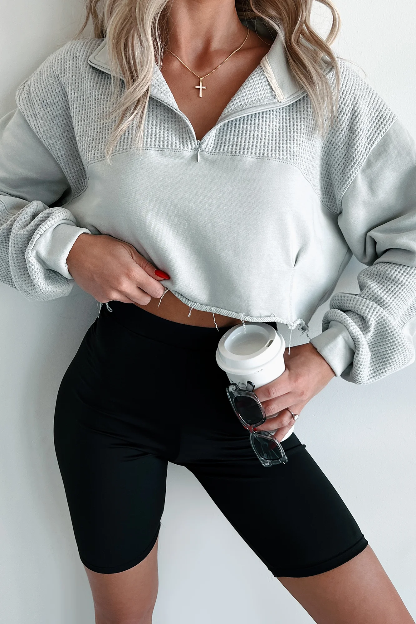 Breezy Days Quarter Zip Cropped POL Top (Light Grey) - Image 6