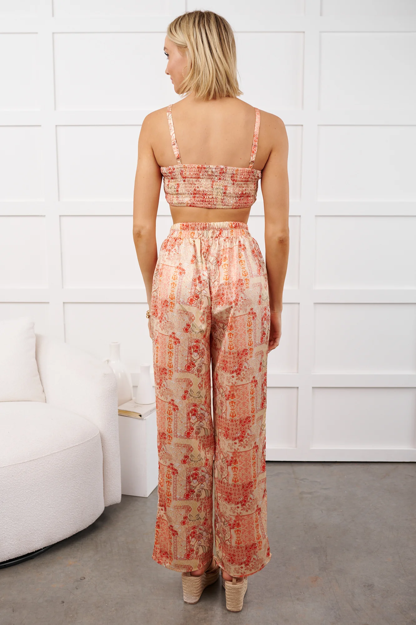 Brighter Days Printed Satin Crop Top & Pants Set (Peach Multi) - Image 5