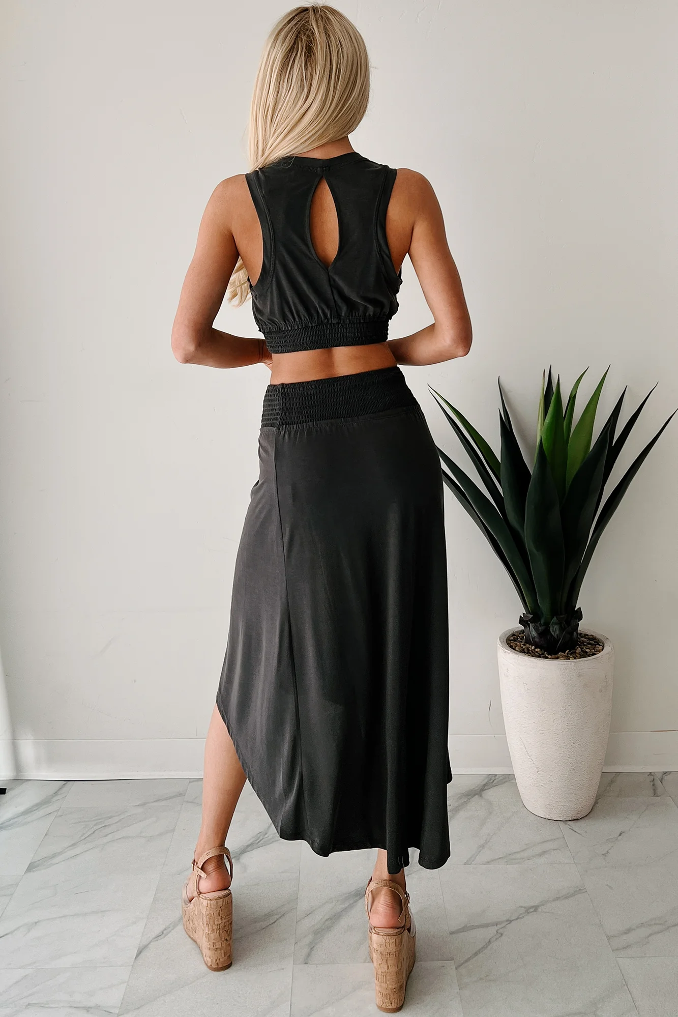 Bringing The Heat Smocked Hem Crop Top (Black) - Image 4