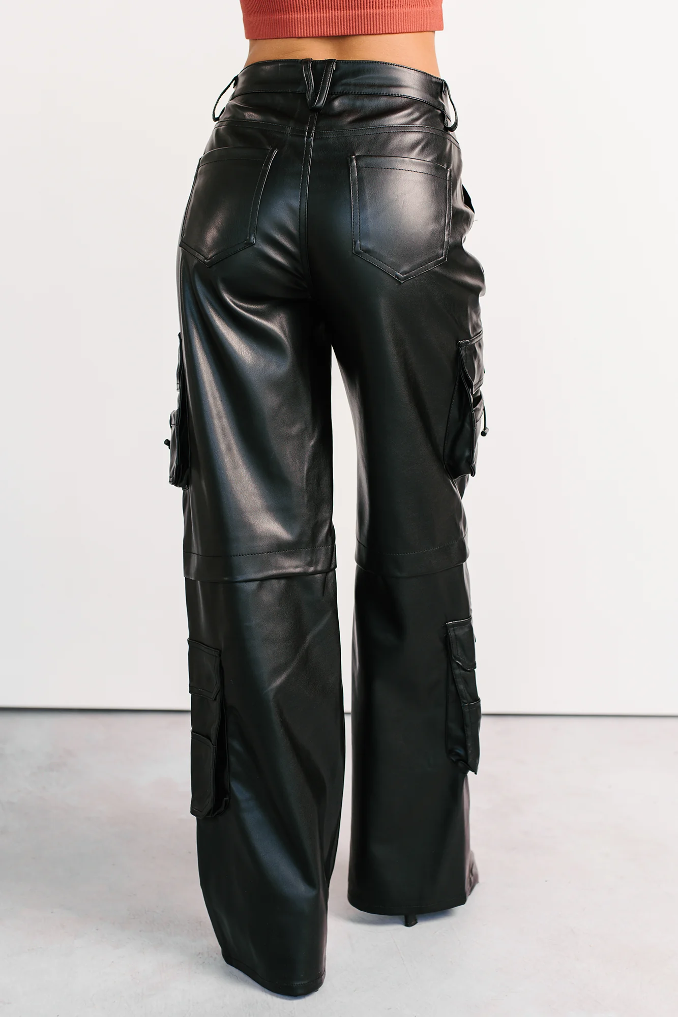 Burke Faux Leather Wide Leg Cargo Pants (Black) - Image 6