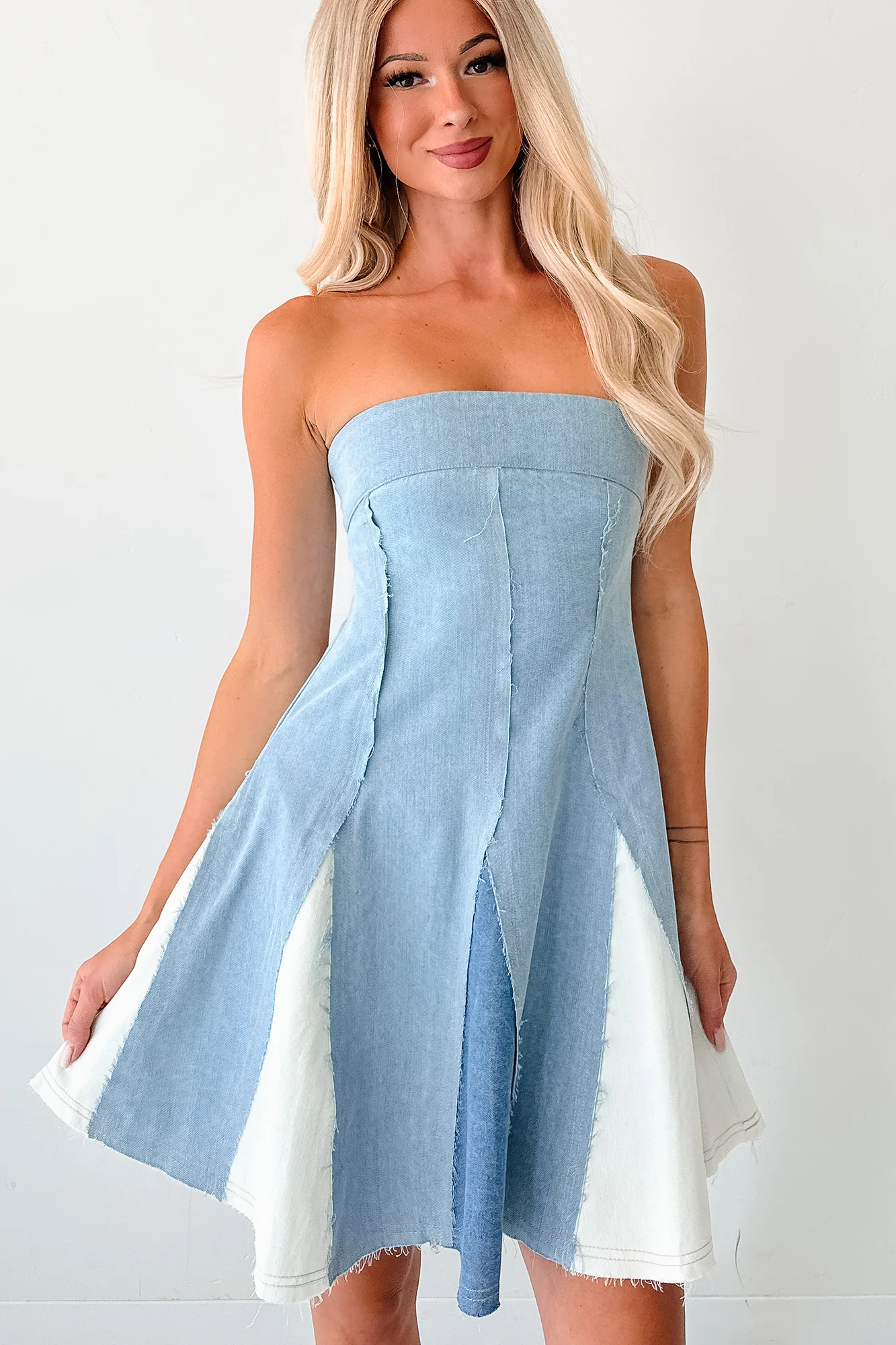 Burning Bright Strapless Contrast Mini Dress (Denim) - Image 10