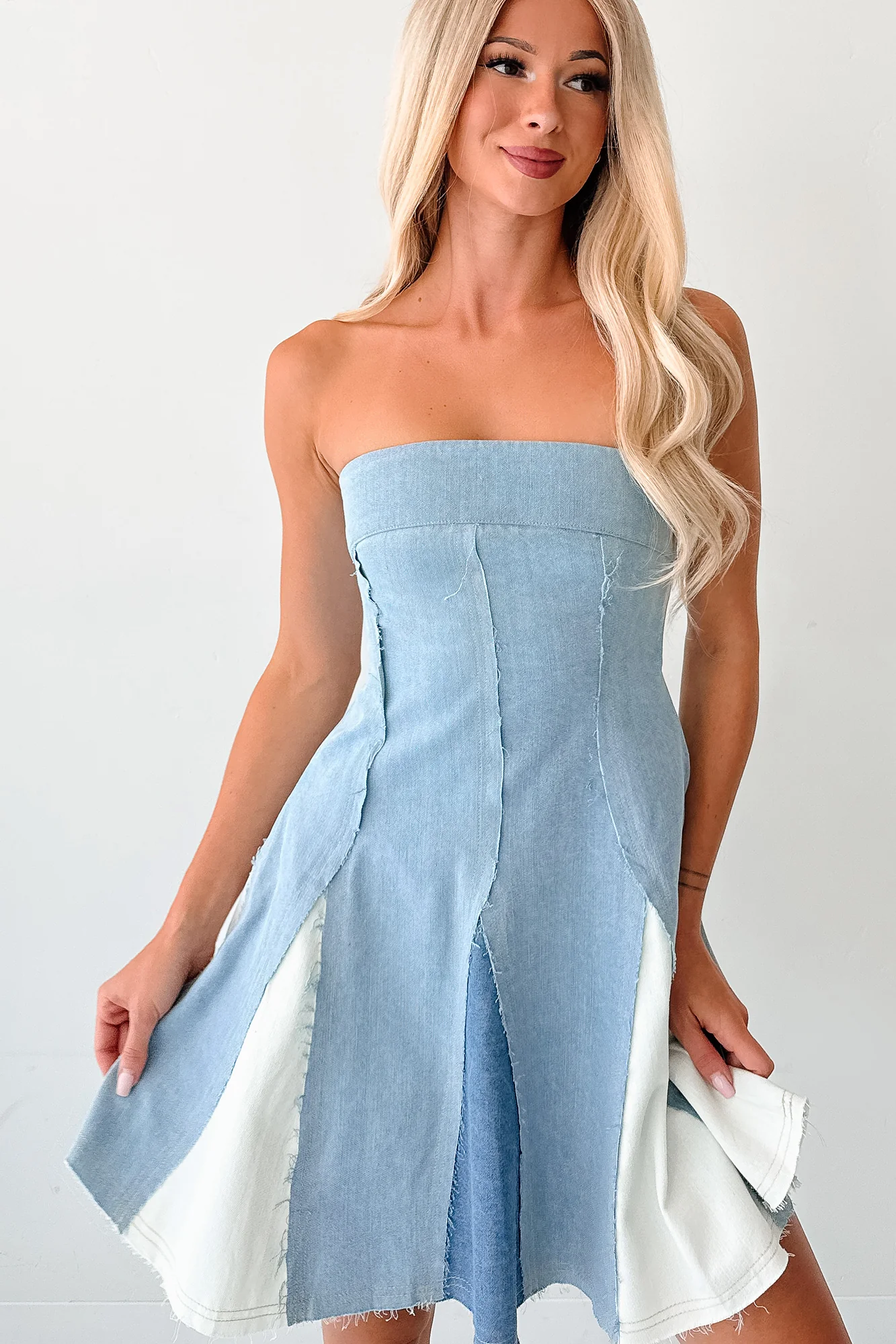 Burning Bright Strapless Contrast Mini Dress (Denim) - Image 11
