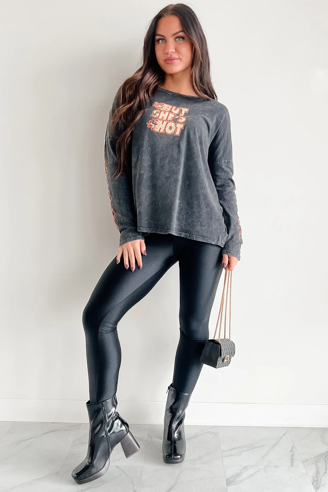 "But She's Hot" Mineral Wash Graphic Long Sleeve Top (Charcoal) - Image 2
