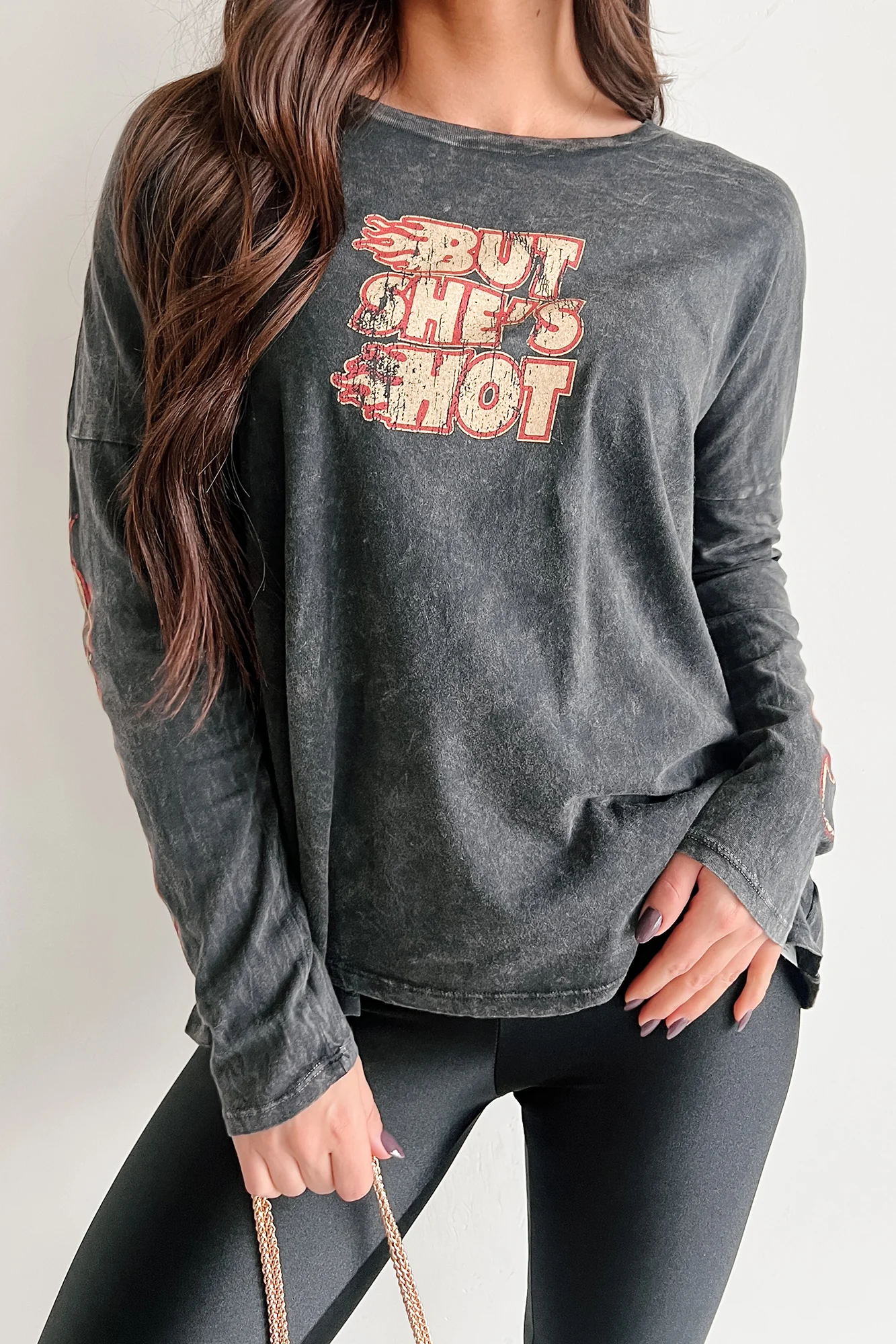 "But She's Hot" Mineral Wash Graphic Long Sleeve Top (Charcoal) - Image 3
