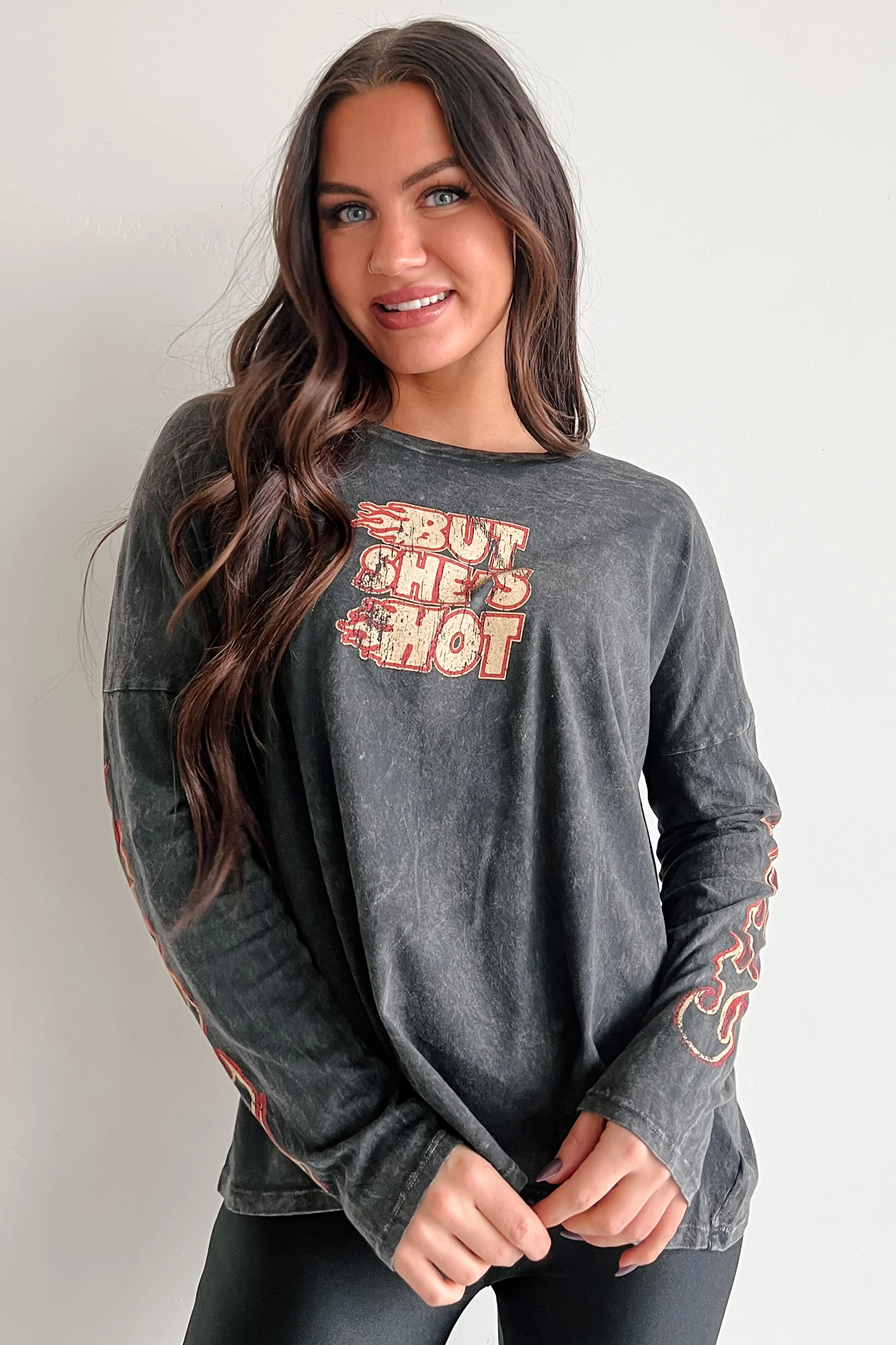 "But She's Hot" Mineral Wash Graphic Long Sleeve Top (Charcoal) - Image 5