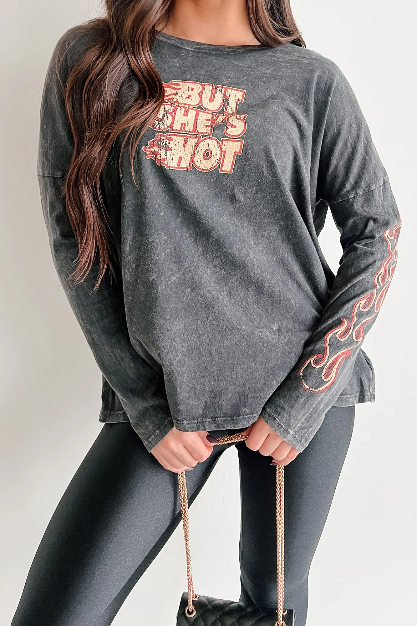 "But She's Hot" Mineral Wash Graphic Long Sleeve Top (Charcoal) - Image 7
