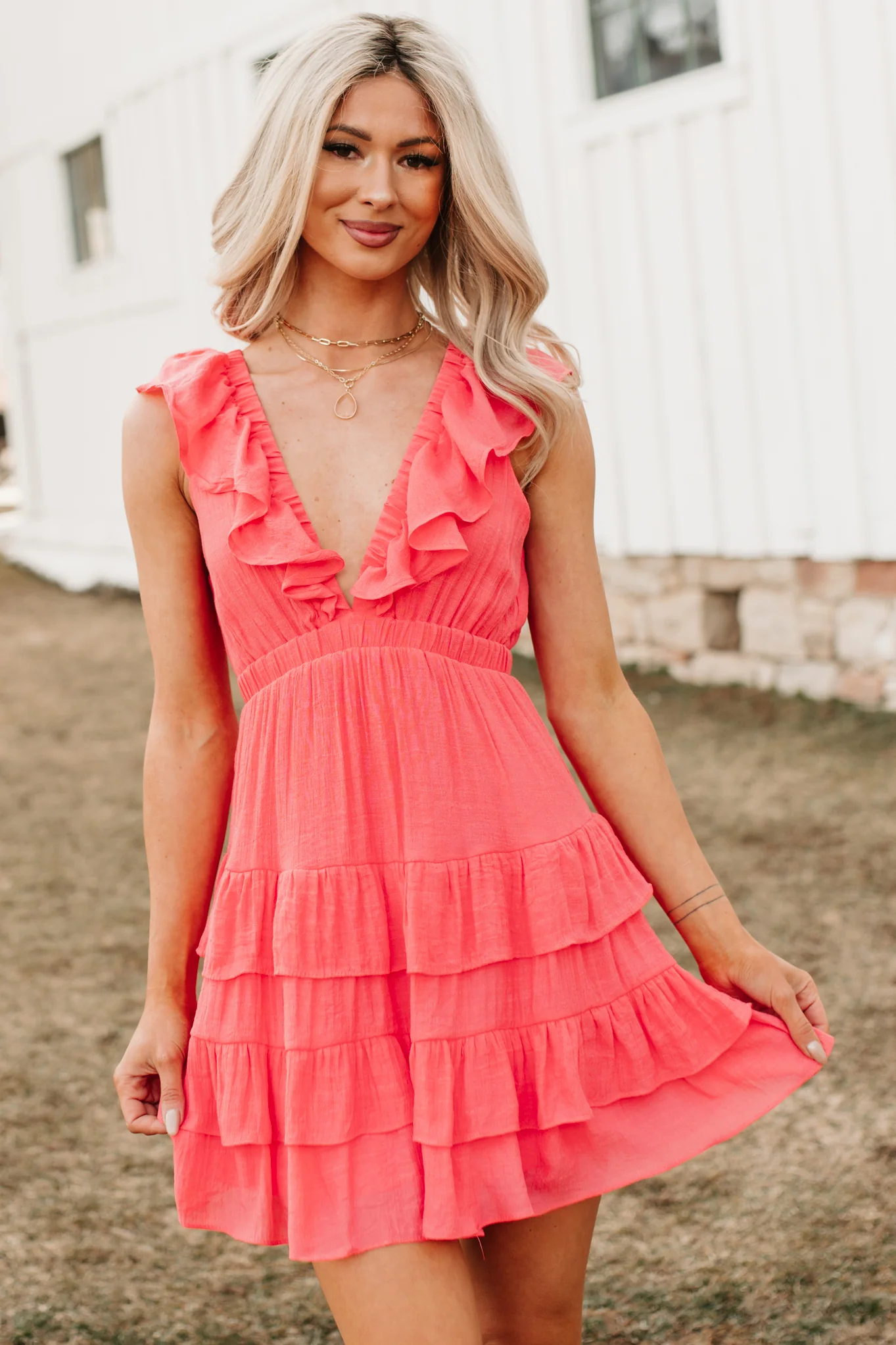 Buttercup Babe Deep V-Neck Ruffle Mini Dress (Coral Red) - Image 4