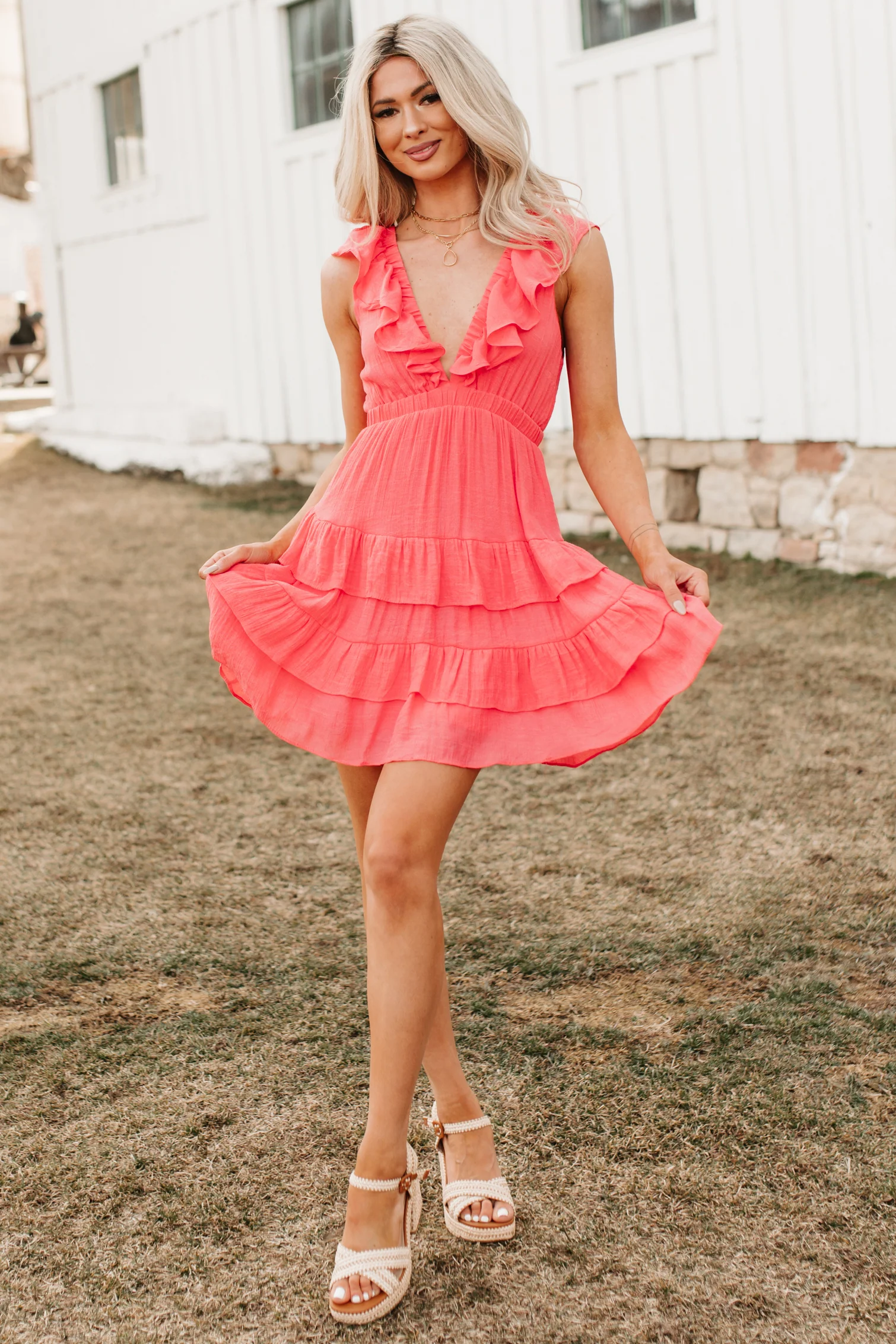Buttercup Babe Deep V-Neck Ruffle Mini Dress (Coral Red) - Image 5