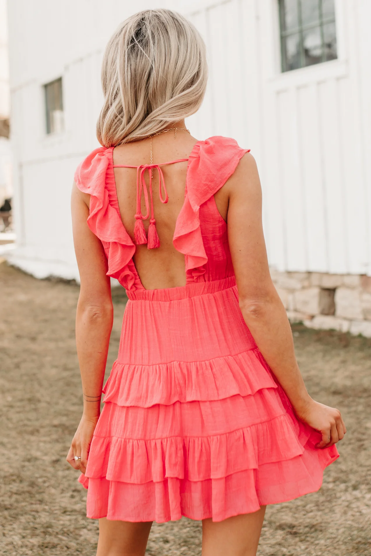 Buttercup Babe Deep V-Neck Ruffle Mini Dress (Coral Red) - Image 6