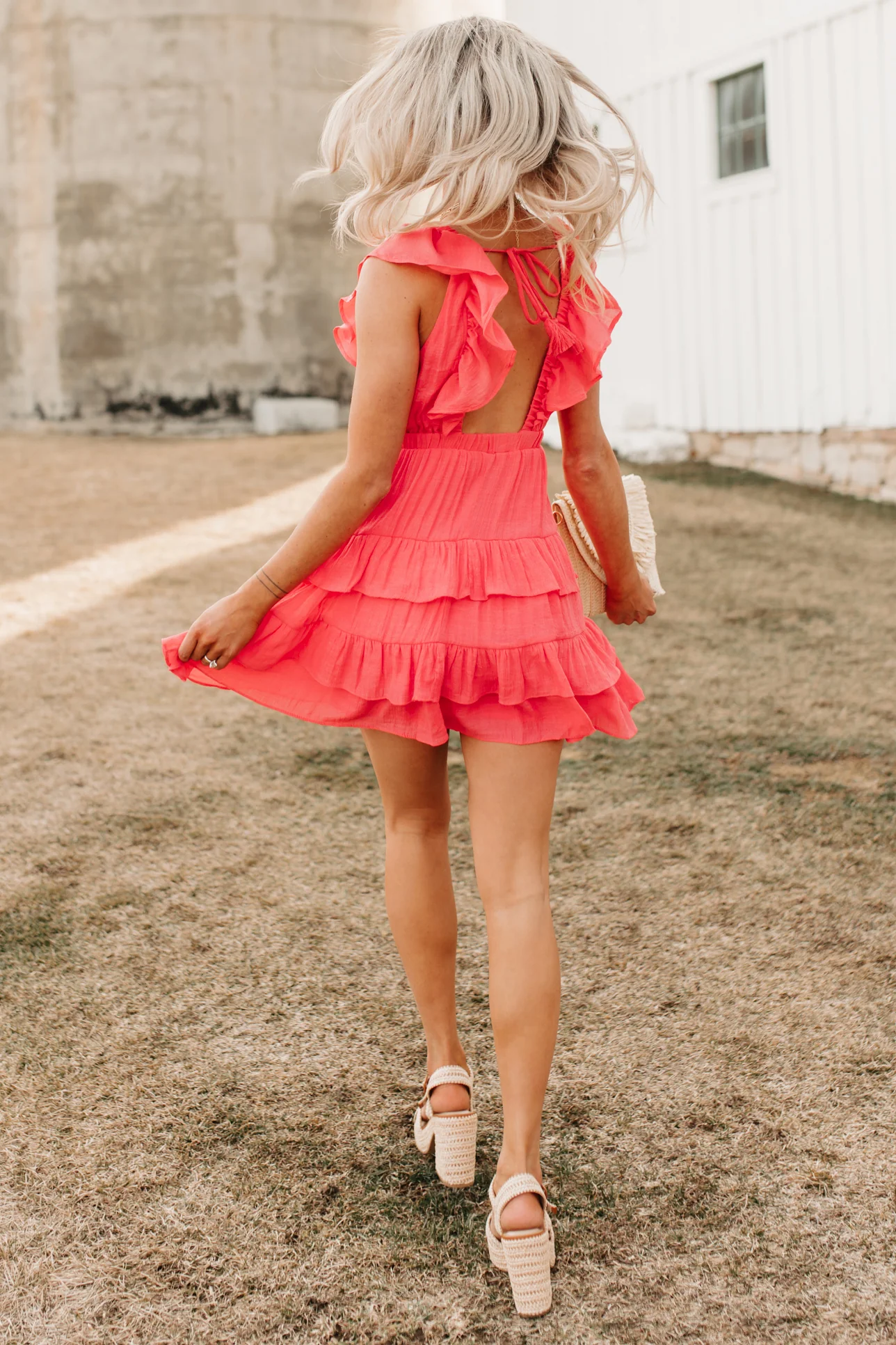 Buttercup Babe Deep V-Neck Ruffle Mini Dress (Coral Red) - Image 7