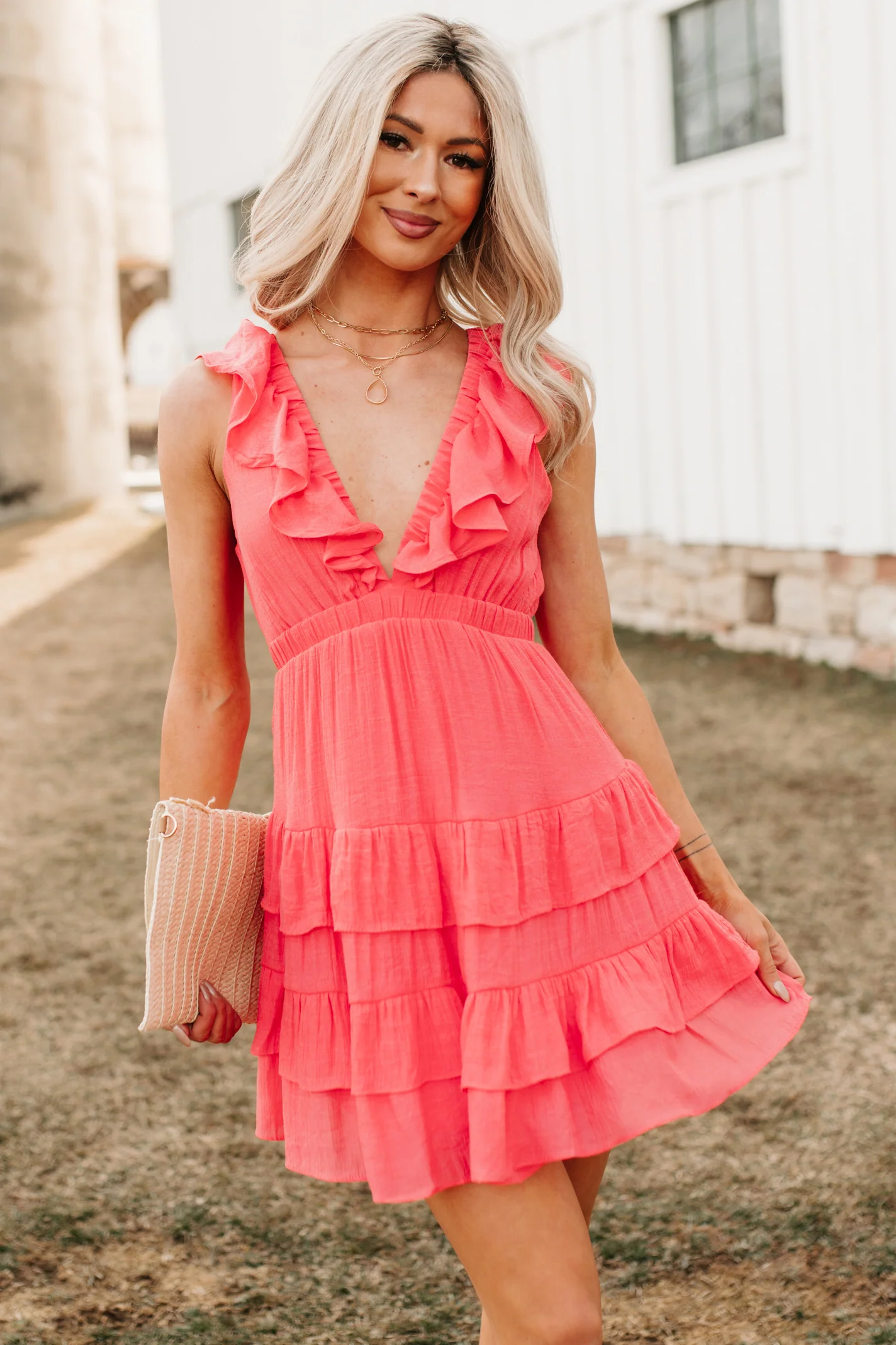 Buttercup Babe Deep V-Neck Ruffle Mini Dress (Coral Red) - Image 8