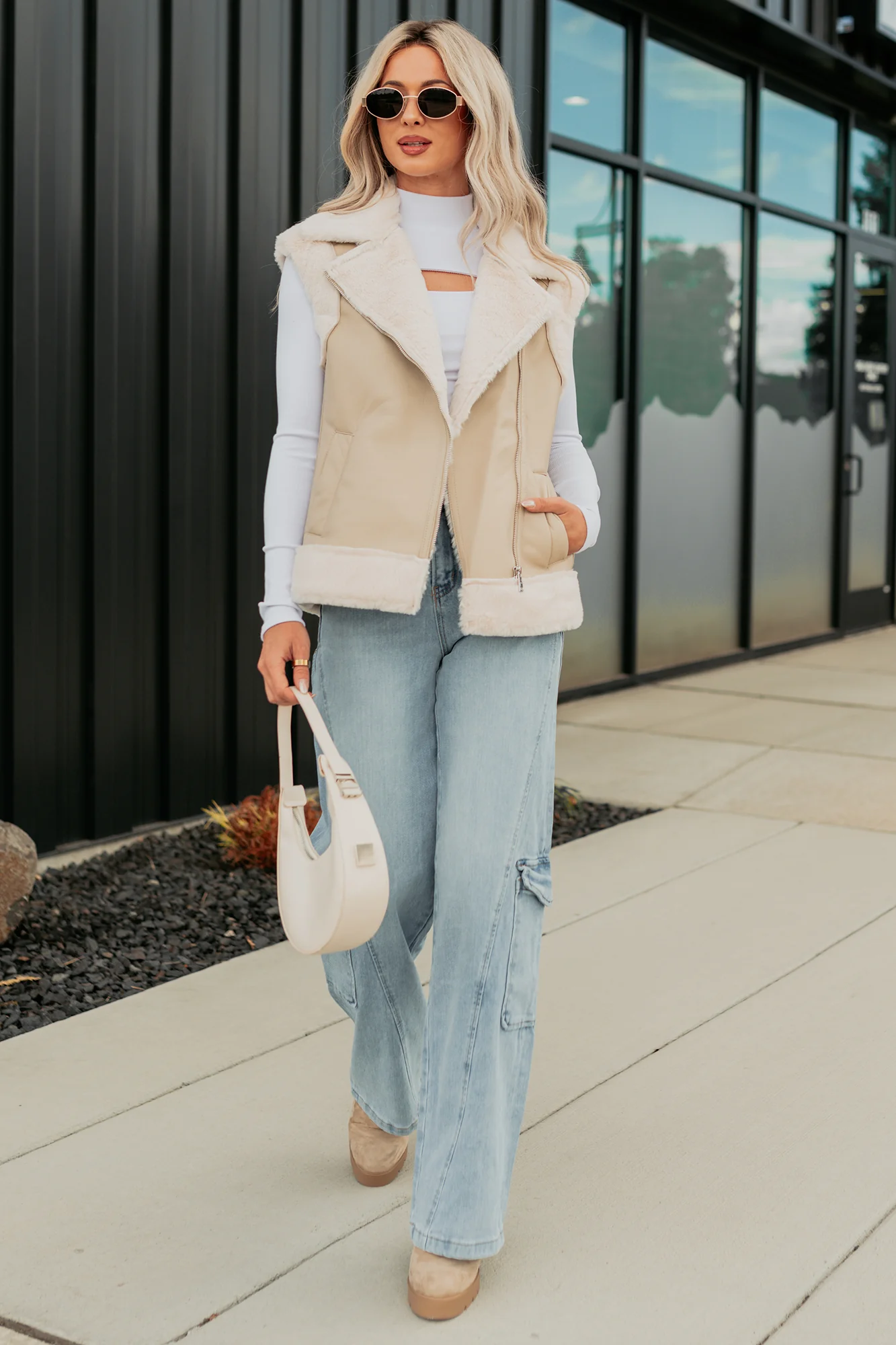 Cabin State Faux Leather Fur Lined Vest (Cream/Taupe) - Image 5