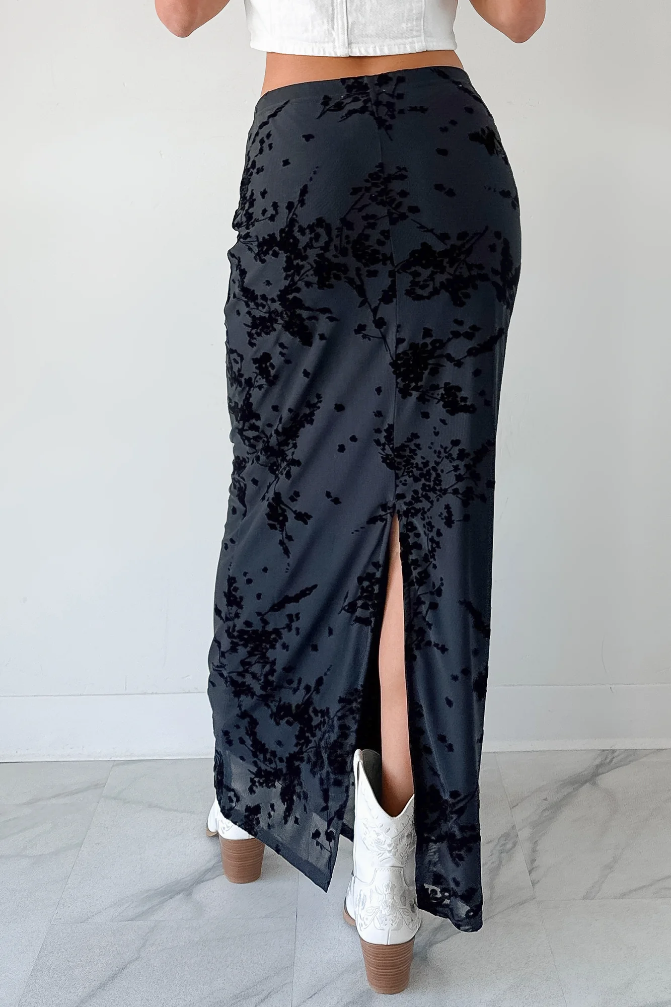 Call Me Back Floral Mesh Maxi Skirt (Black) - Image 4